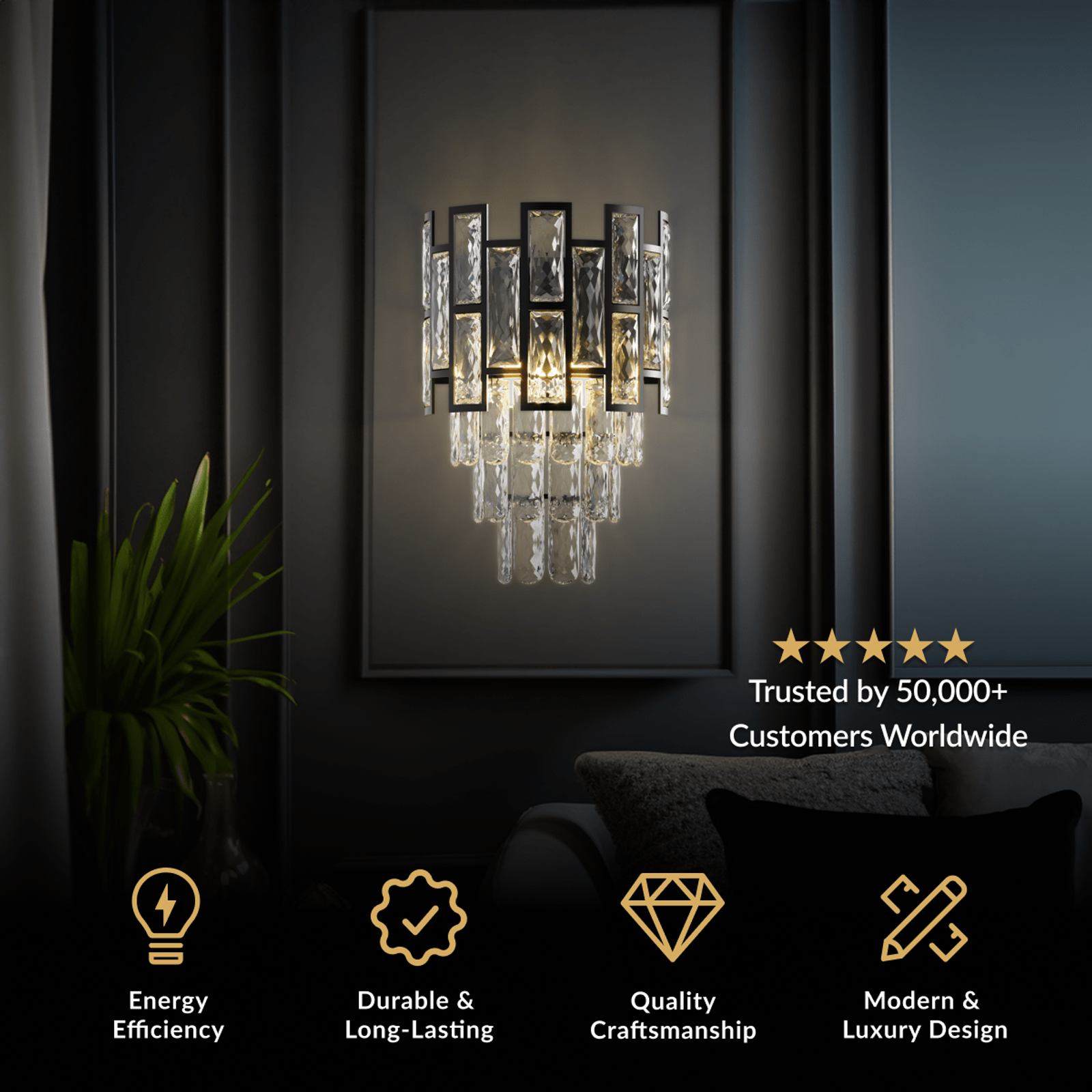 Raven Sconce, tiered black bars over clear crystal drops, lit on a dark framed wall panel