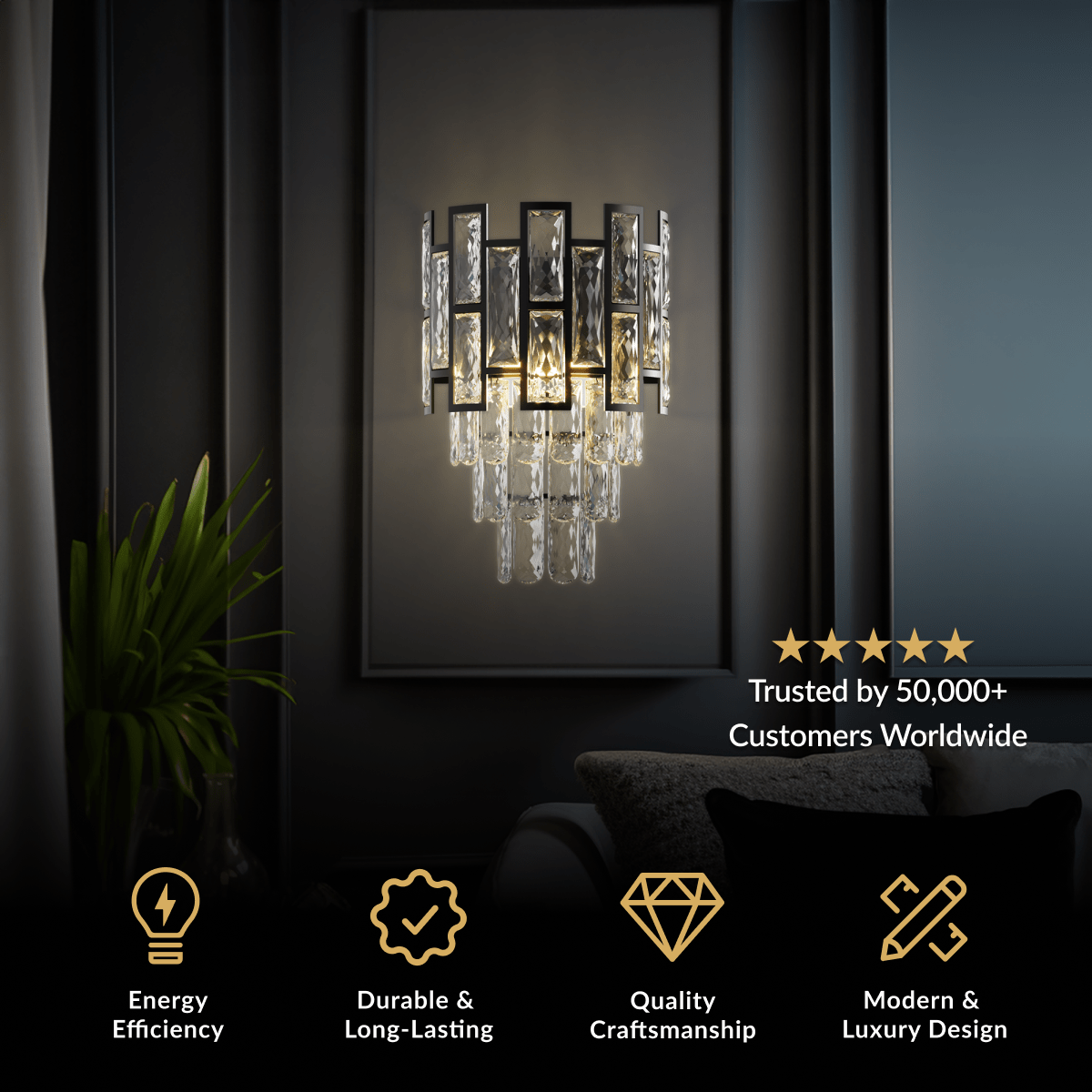 Raven Sconce, tiered black bars over clear crystal drops, lit on a dark framed wall panel