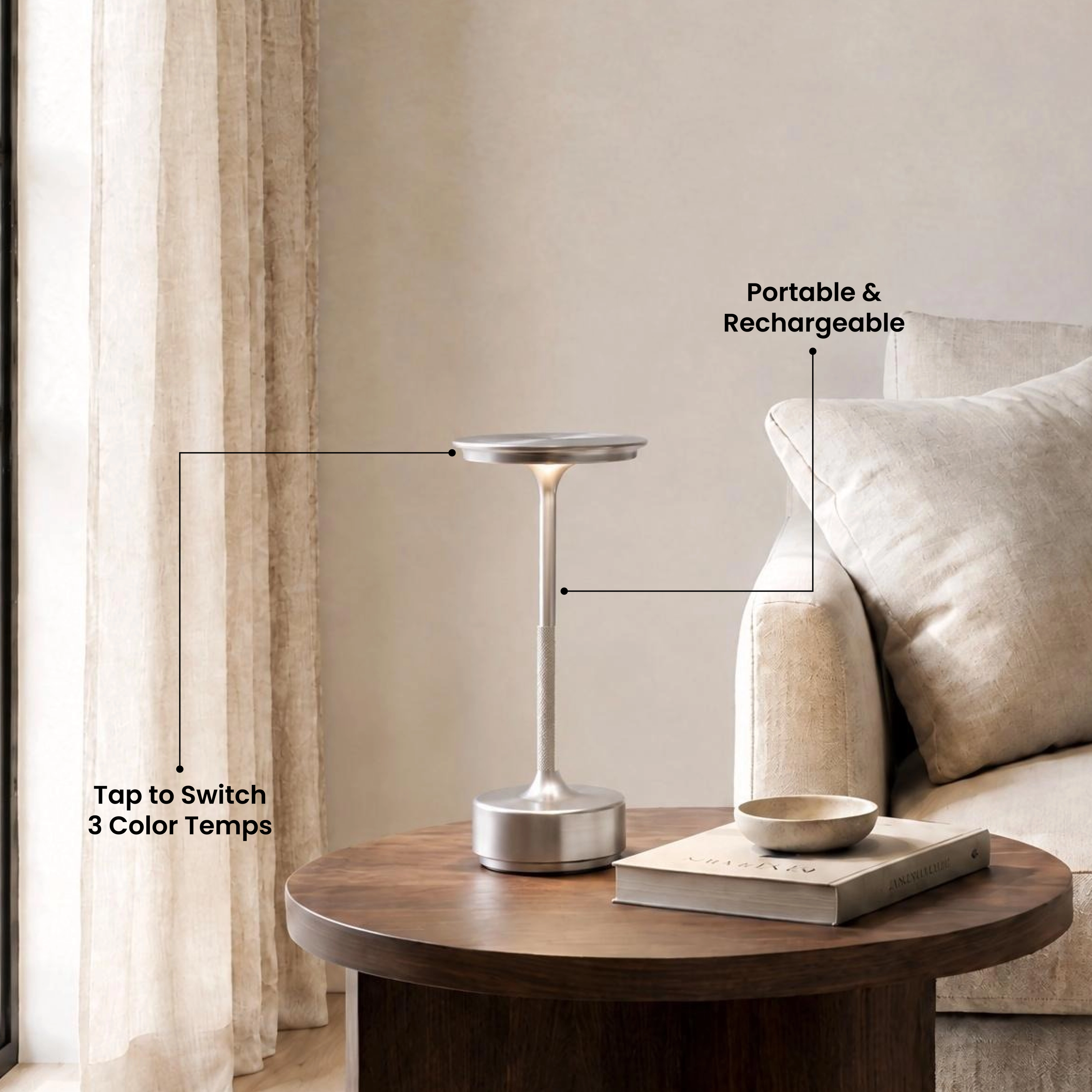 Aris brushed-gold rechargeable table lamp glowing on a dining table beside a five-star customer review