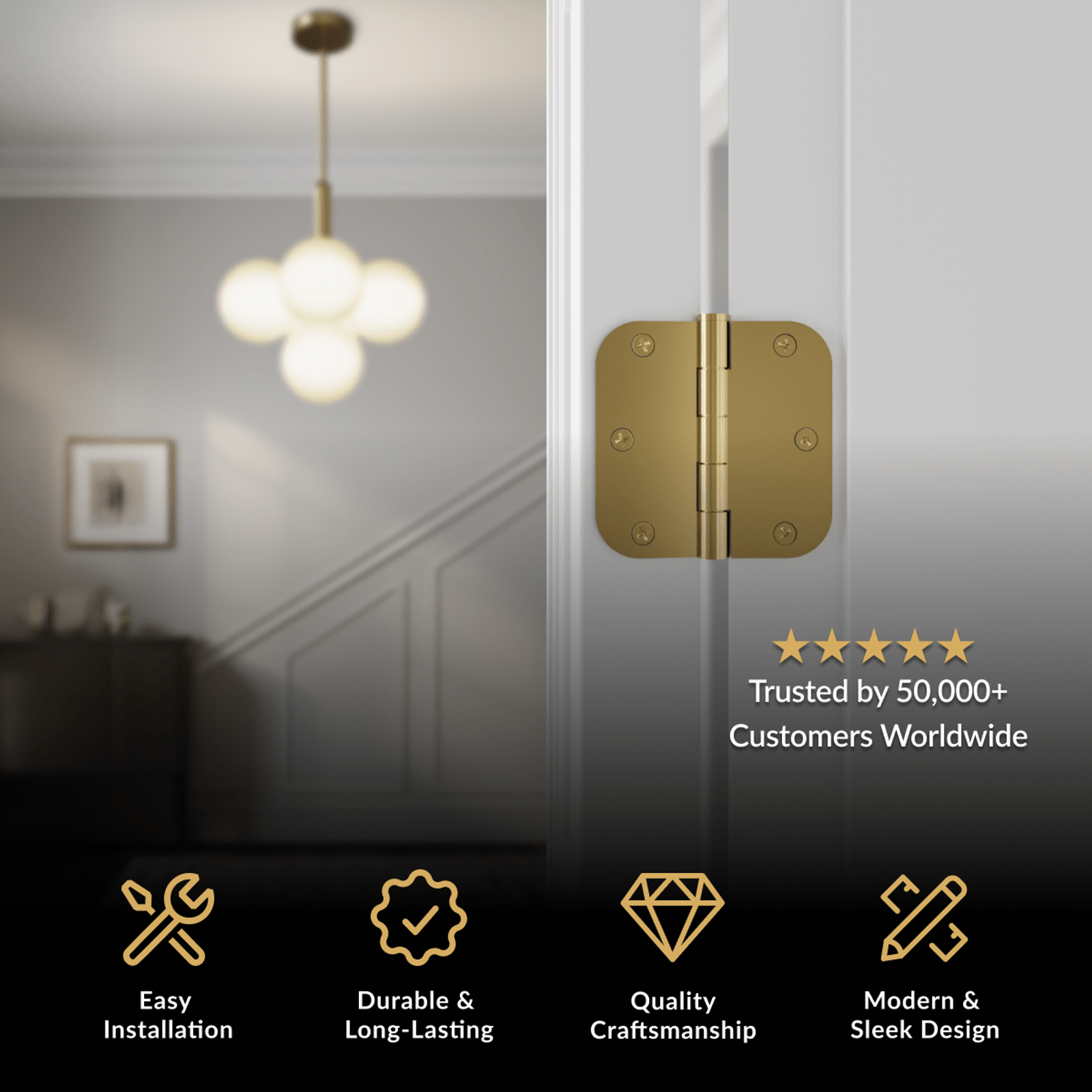 Modern Door Hinge in brushed gold with rounded corners, mounted on a white door edge in a paneled hallway