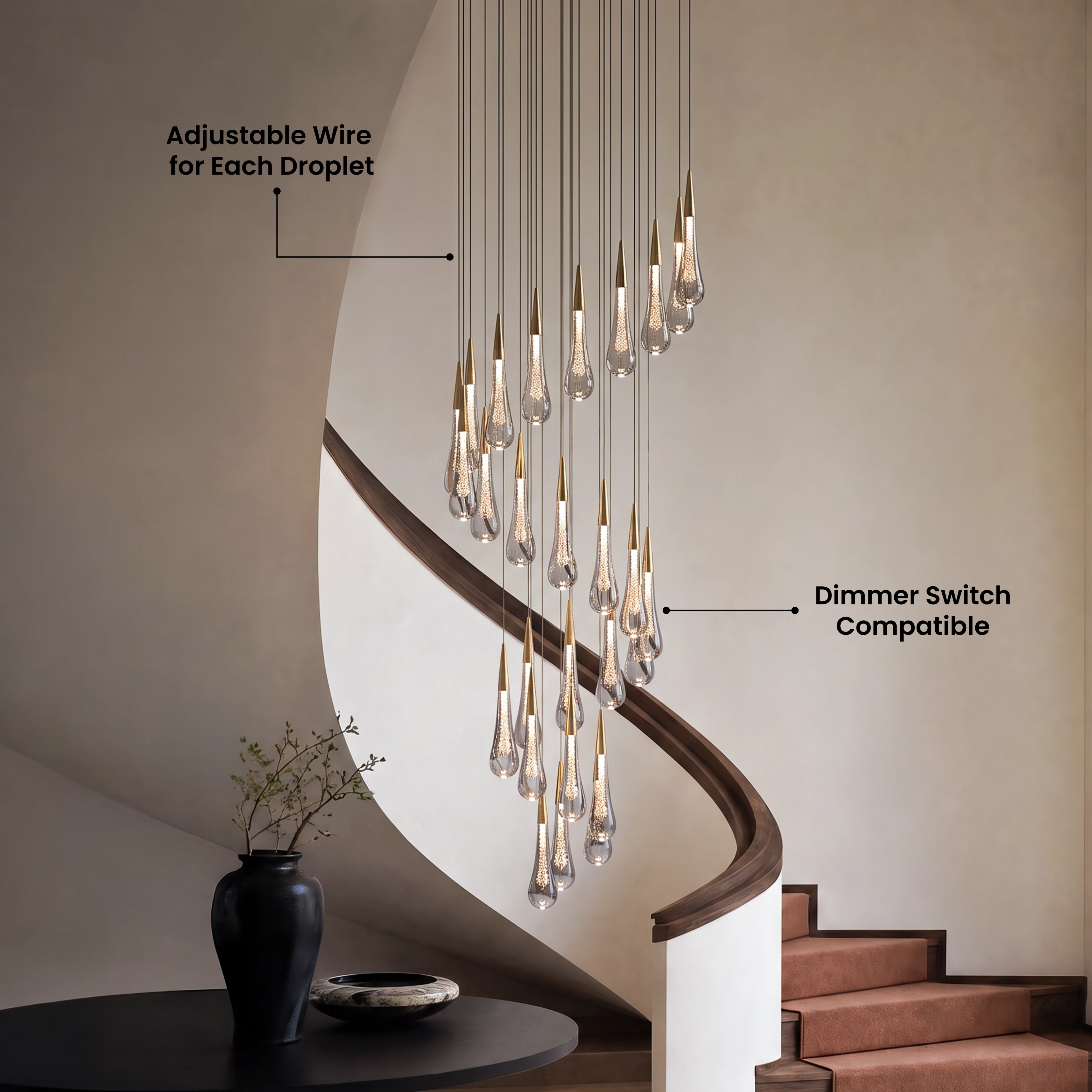 Indra chandelier, cluster of lit gold crystal teardrops suspended in a dark living room