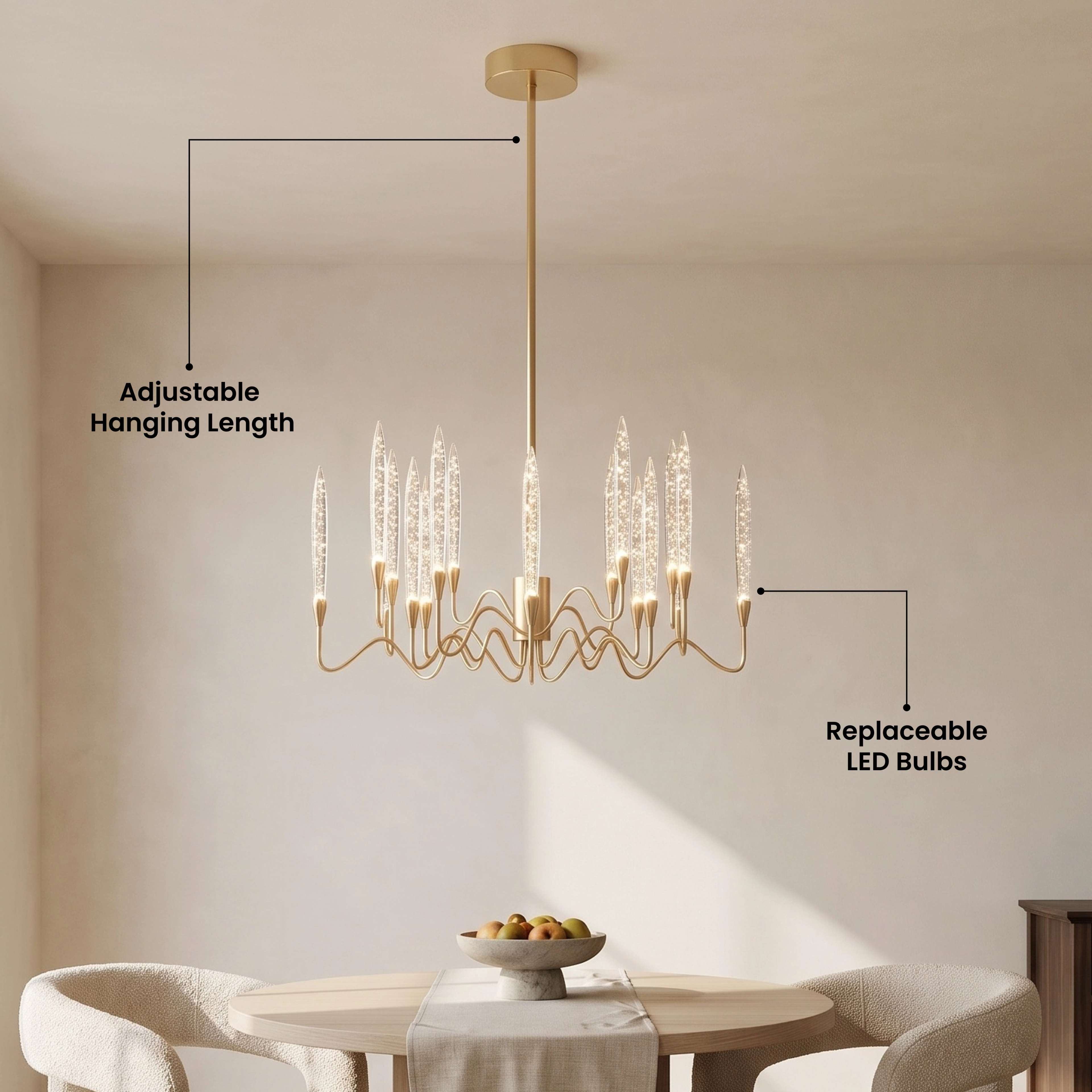 Kanderella gold crystal-tipped chandelier over a dining table beside a customer review card