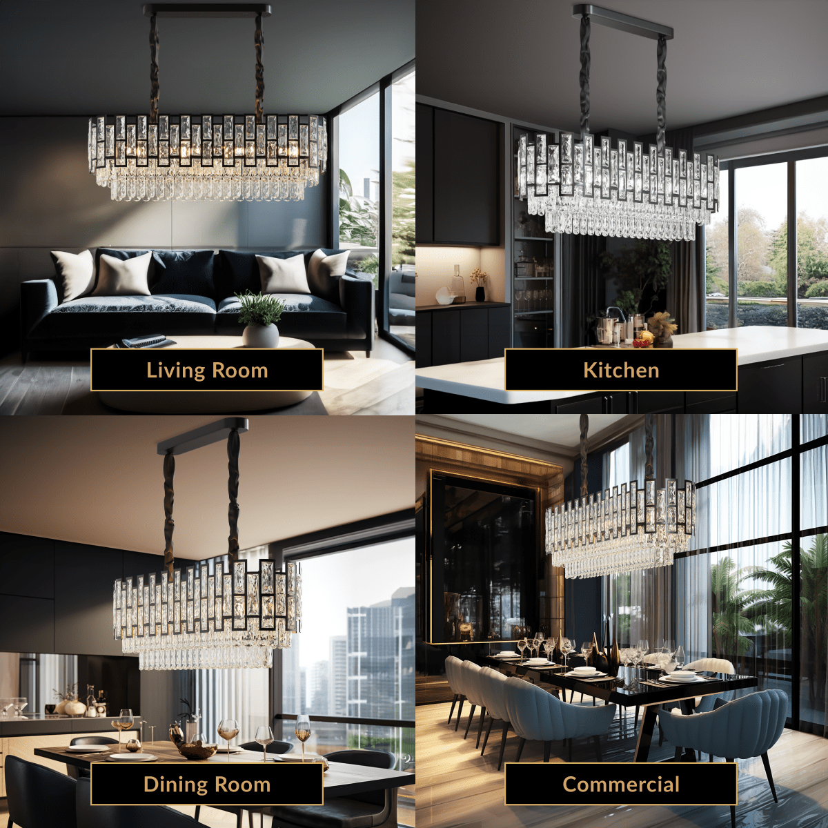 Raven black linear crystal pendant shown lit in four settings: living room, kitchen, dining room, commercial