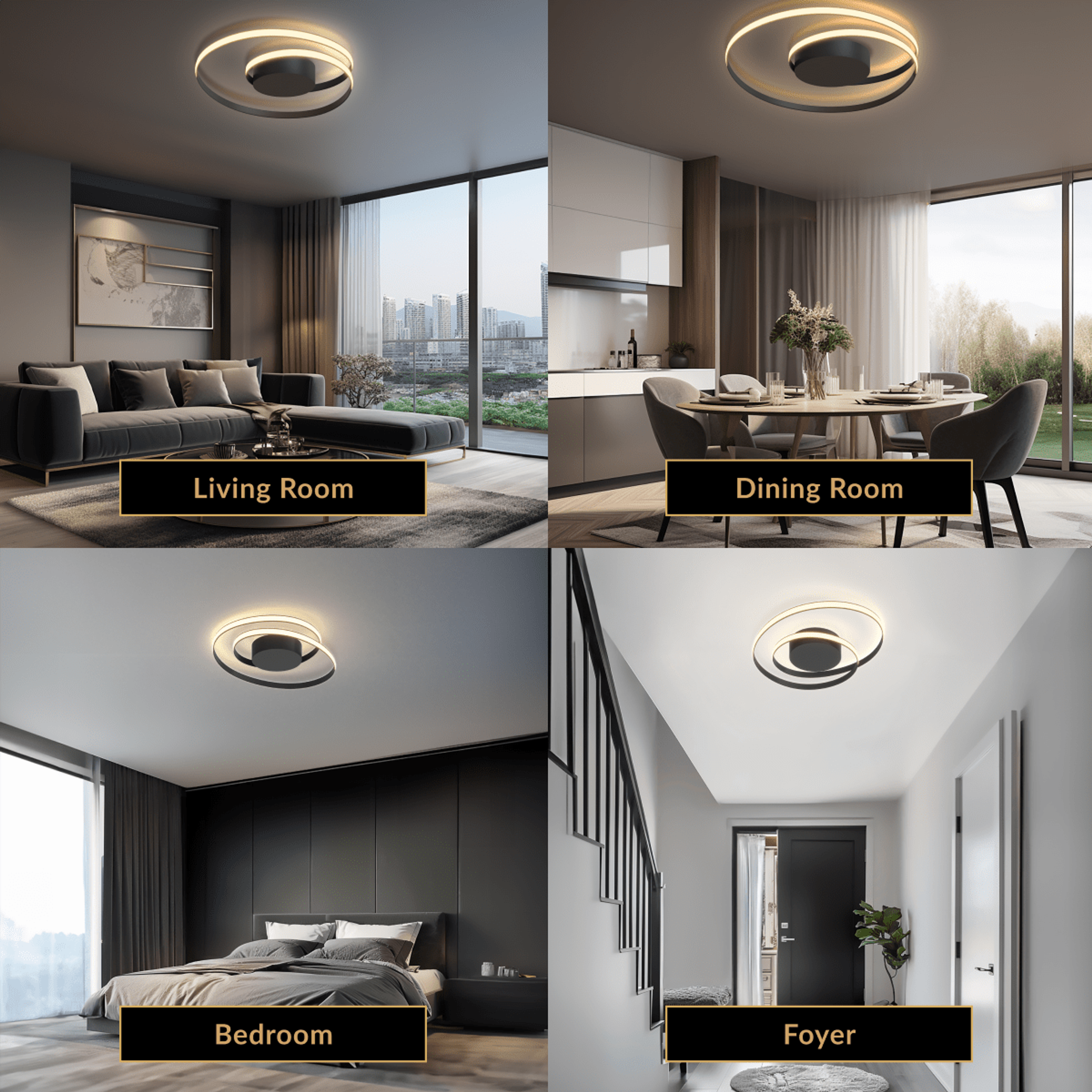 Spiral ceiling light, coiled black ring of warm LED tubing mounted flush in a living room and bedroom