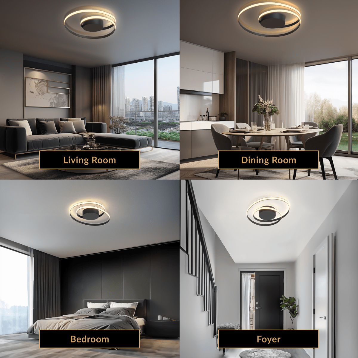 Spiral ceiling light, coiled black ring of warm LED tubing mounted flush in a living room and bedroom