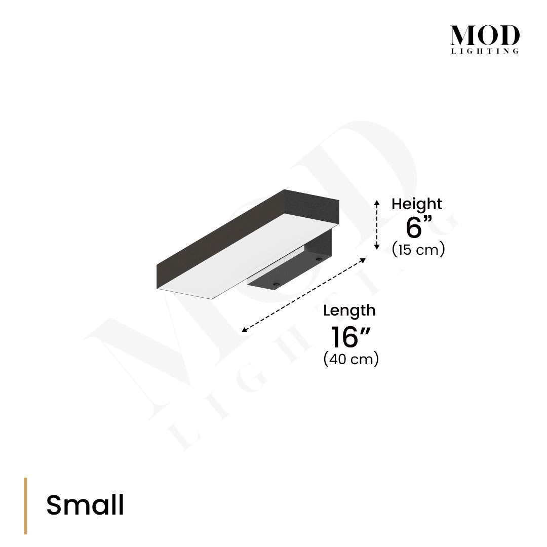 Brook black LED wall light dimension diagram, wide angled Small bar 16 in long and 6 in high