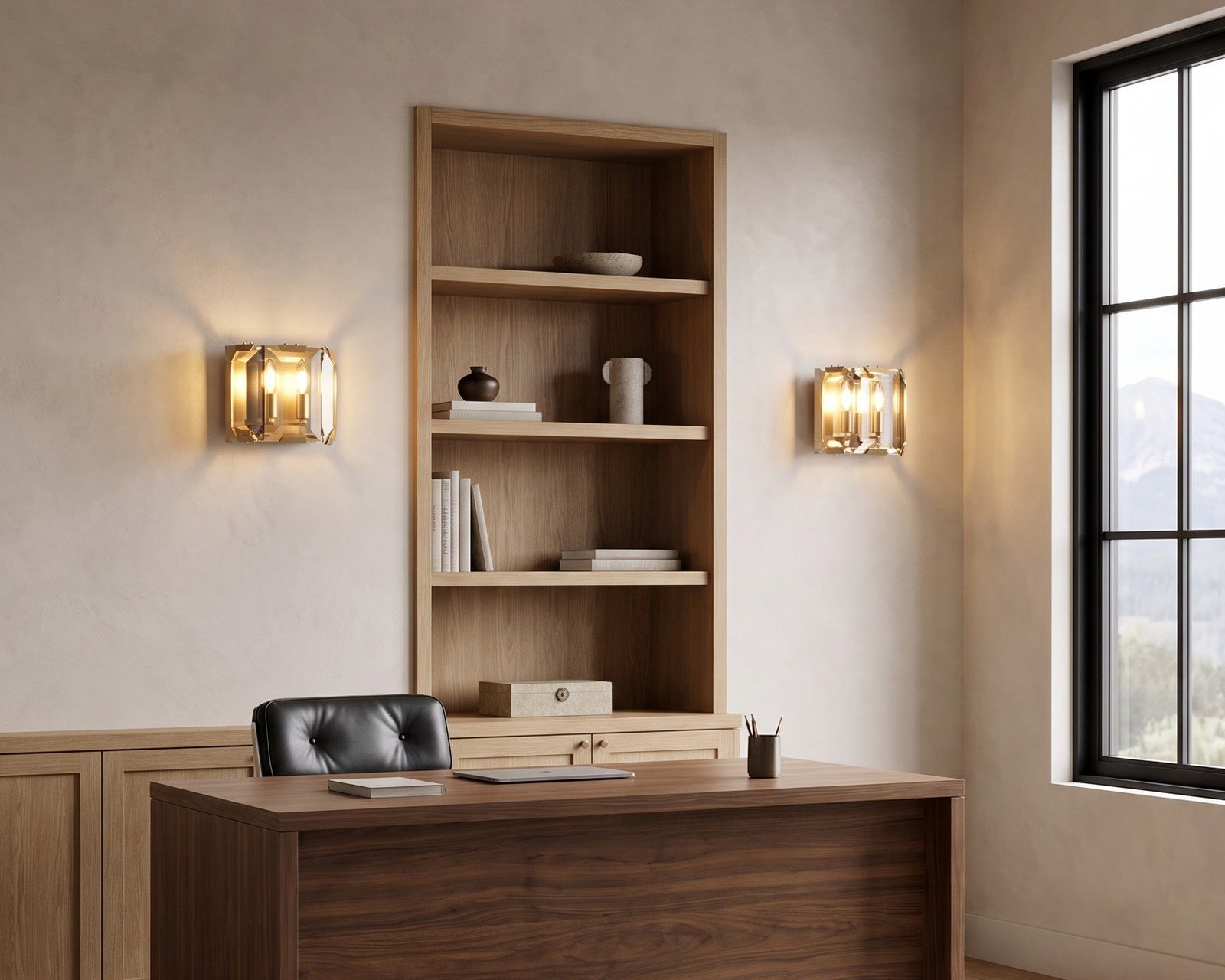 A pair of Solara sconces behind an office desk