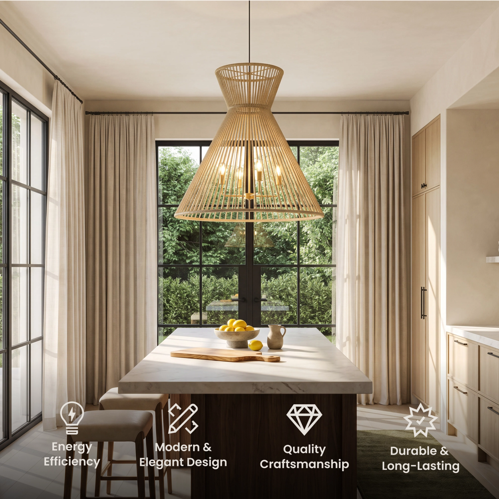 Isla chandelier, tapered woven natural fiber pendant with interior bulbs in a bright room
