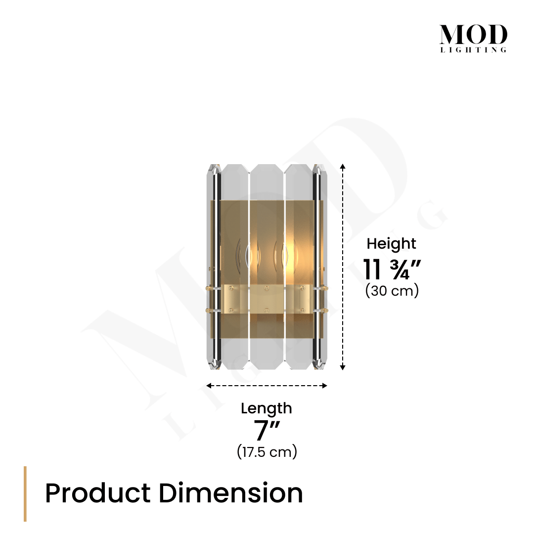 Lustre crystal wall sconce dimension diagram, faceted crystal panels on a brass backplate, product specs