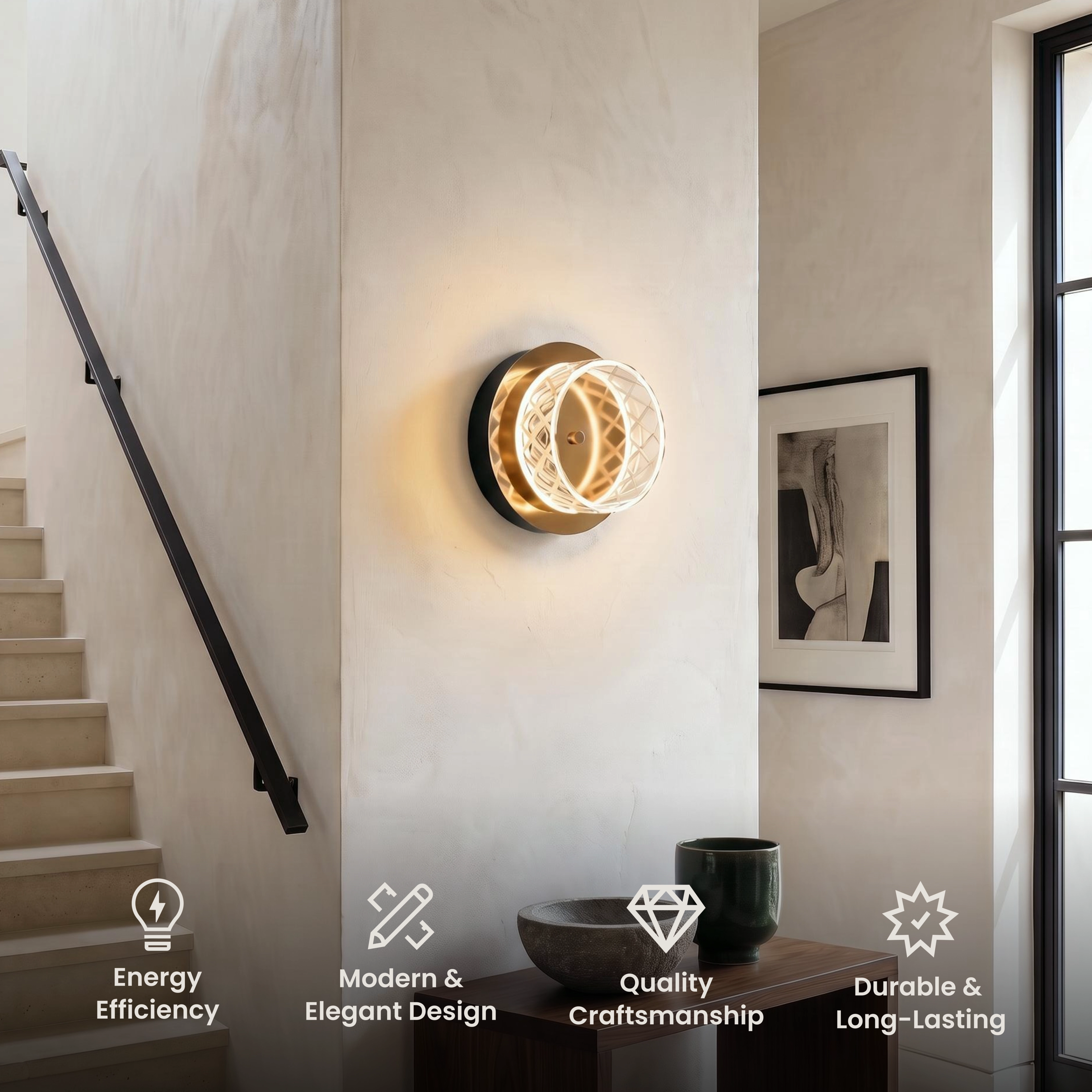 Emma Sconce, round backlit wall light with a gold crystal ring, mounted on a gray wall