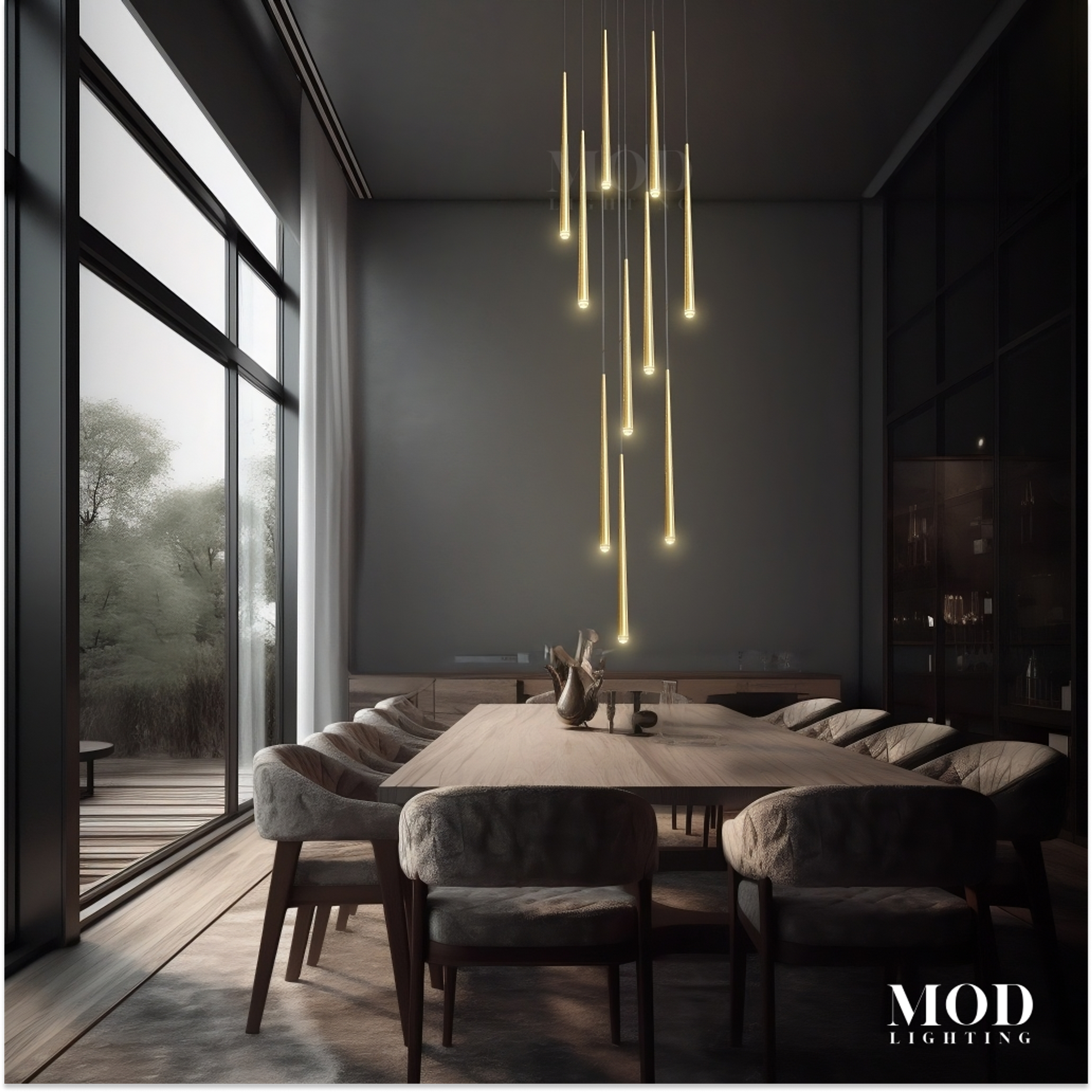 Jasper gold cascade pendant, slim vertical light rods, above a dining table by floor-to-ceiling windows
