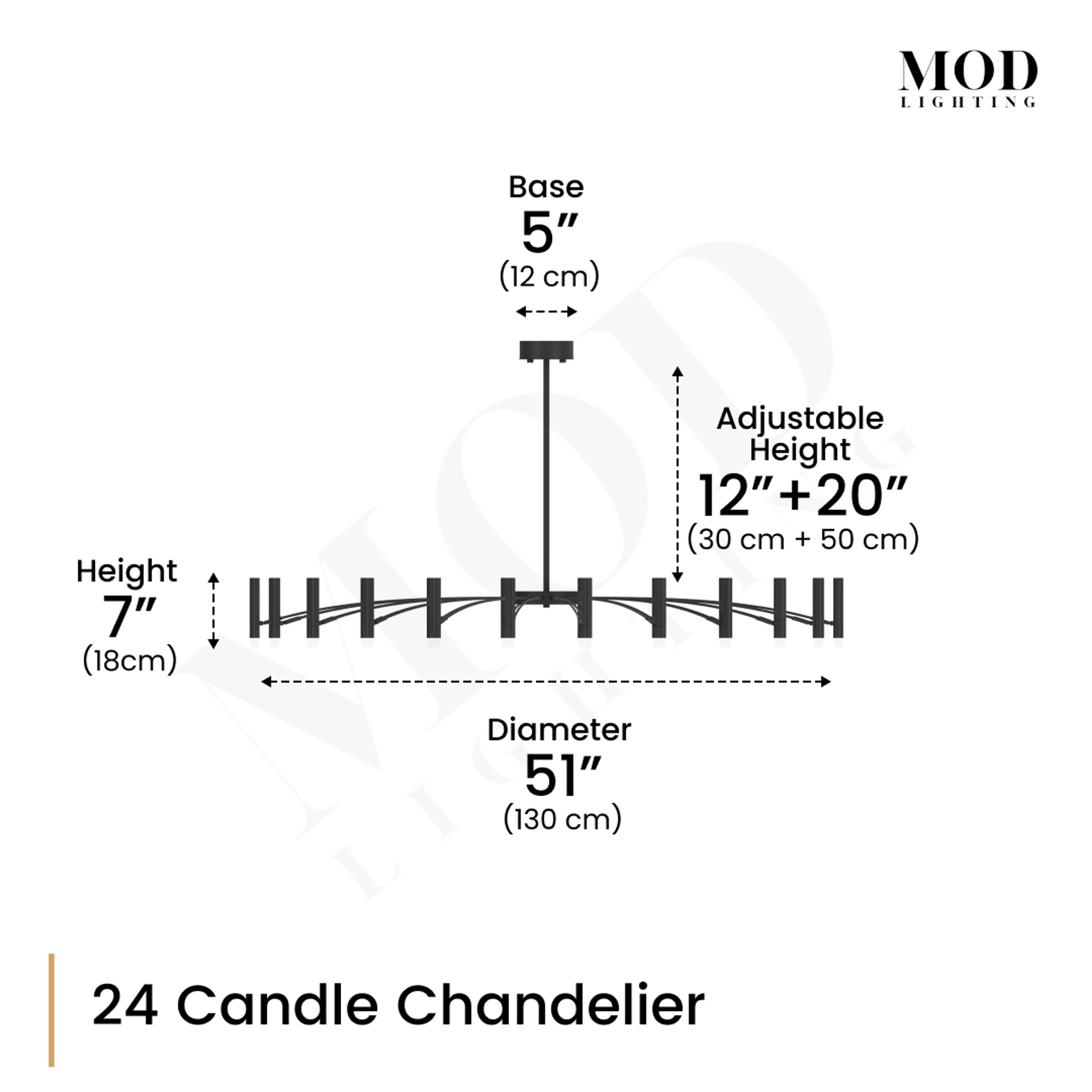 Kendall 24-candle mixed chandelier dimension diagram, 51" diameter, 7" height, staggered arms, 5" base