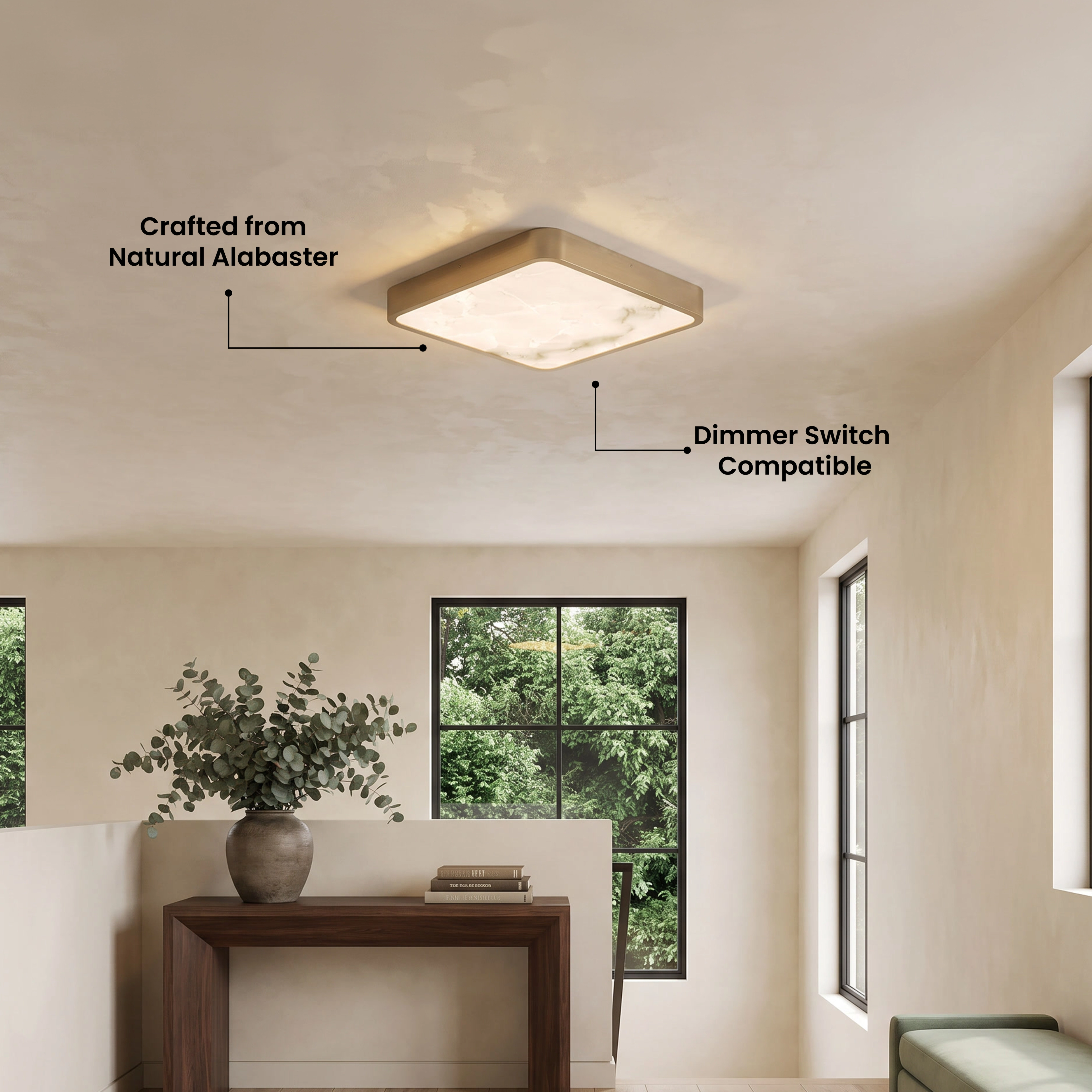 Selene gold square alabaster ceiling light on a wood ceiling above a marble-walled dining area