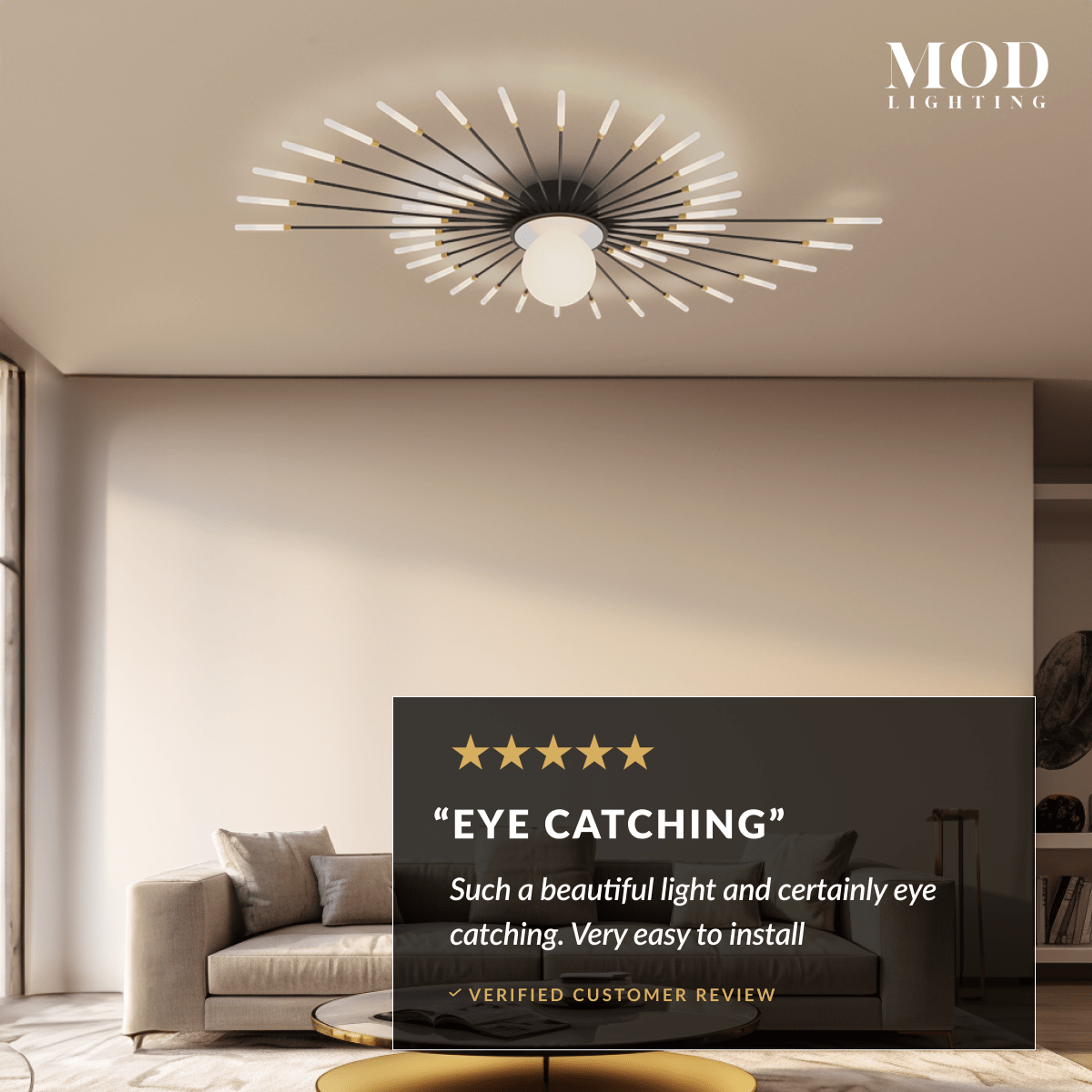 Seashell black spiral ceiling light with fanned rods and globe over a neutral sofa, five-star review
