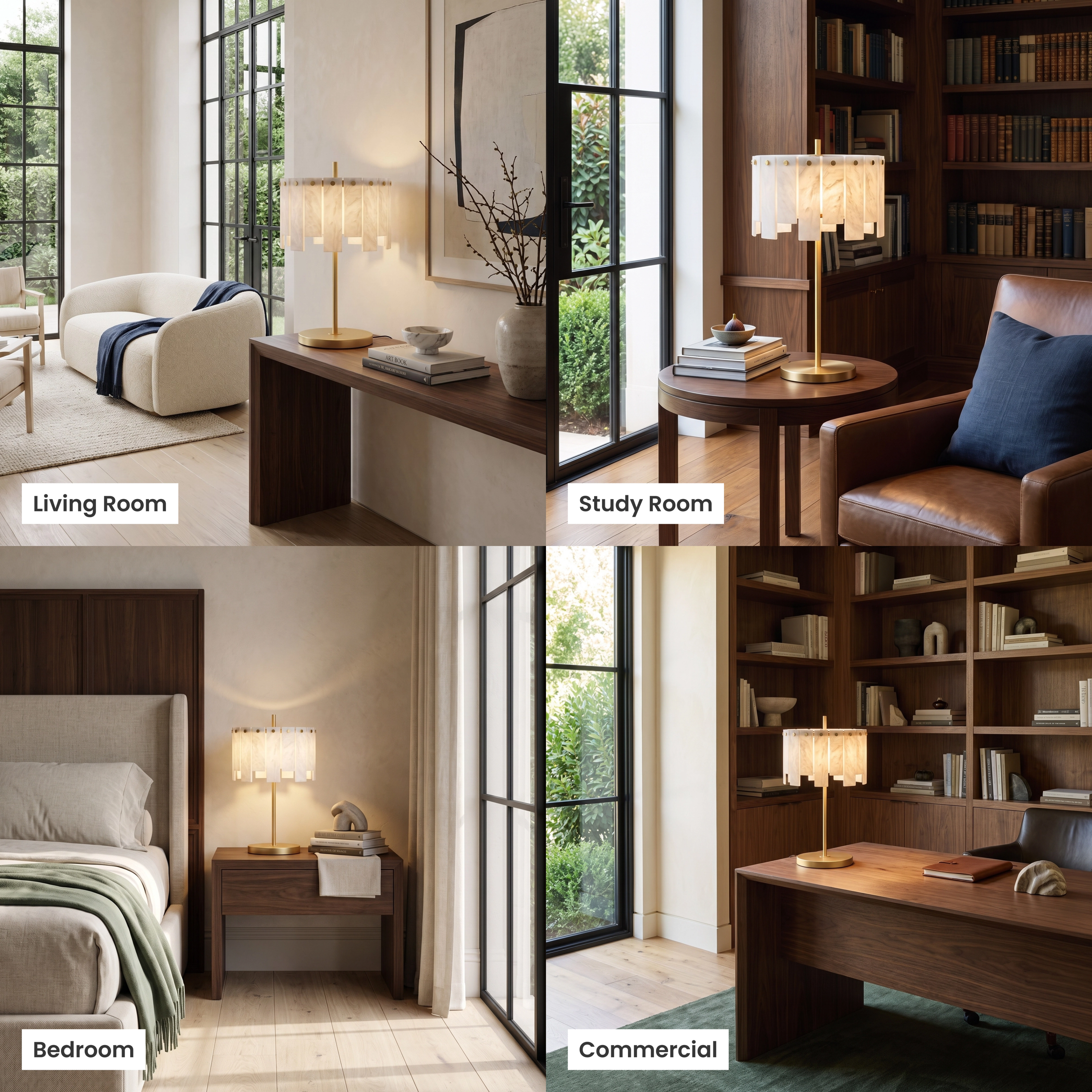 Velina Table Lamp gold alabaster fixture shown in living room, bathroom, bedroom and commercial settings