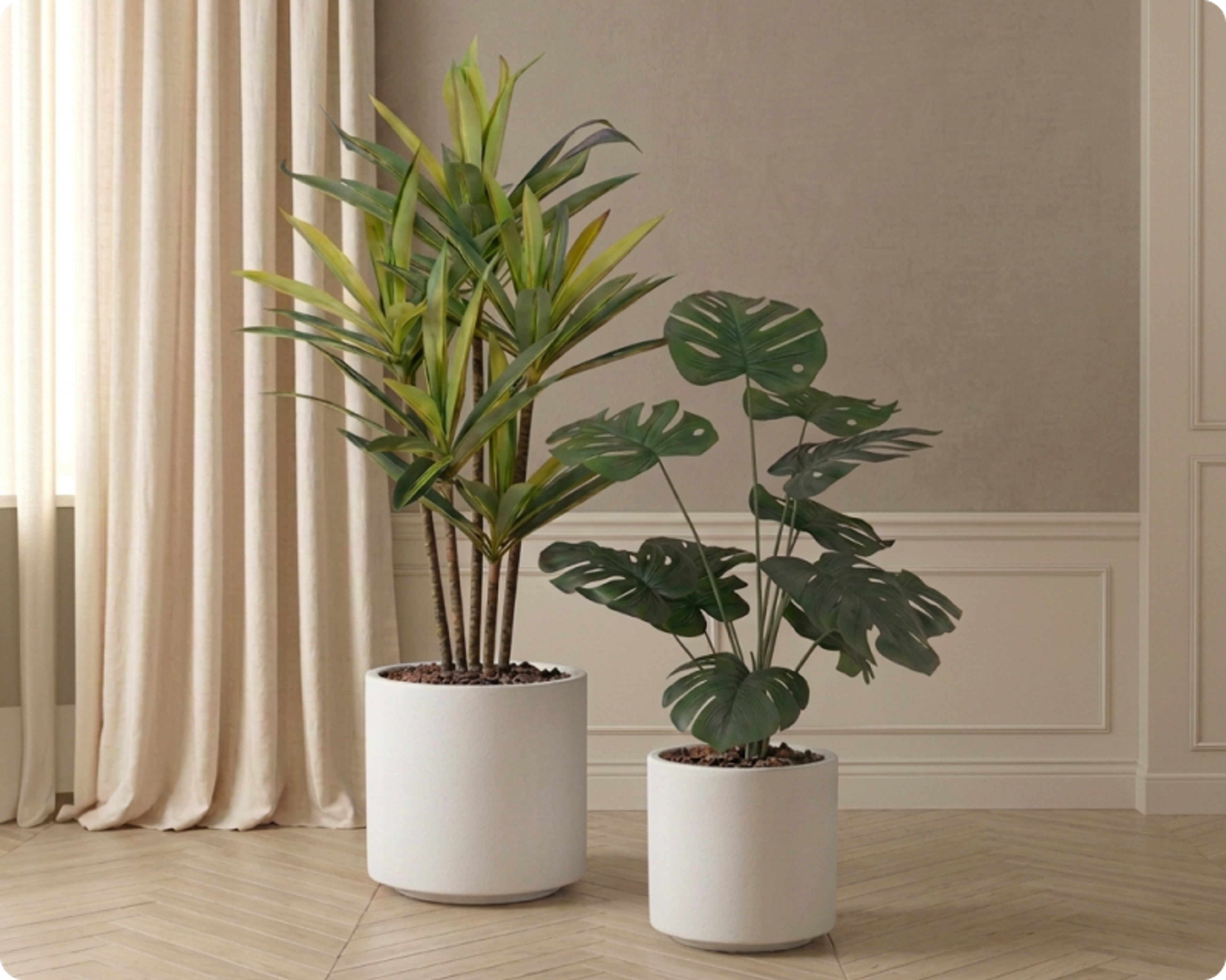 Faux plants in white pots