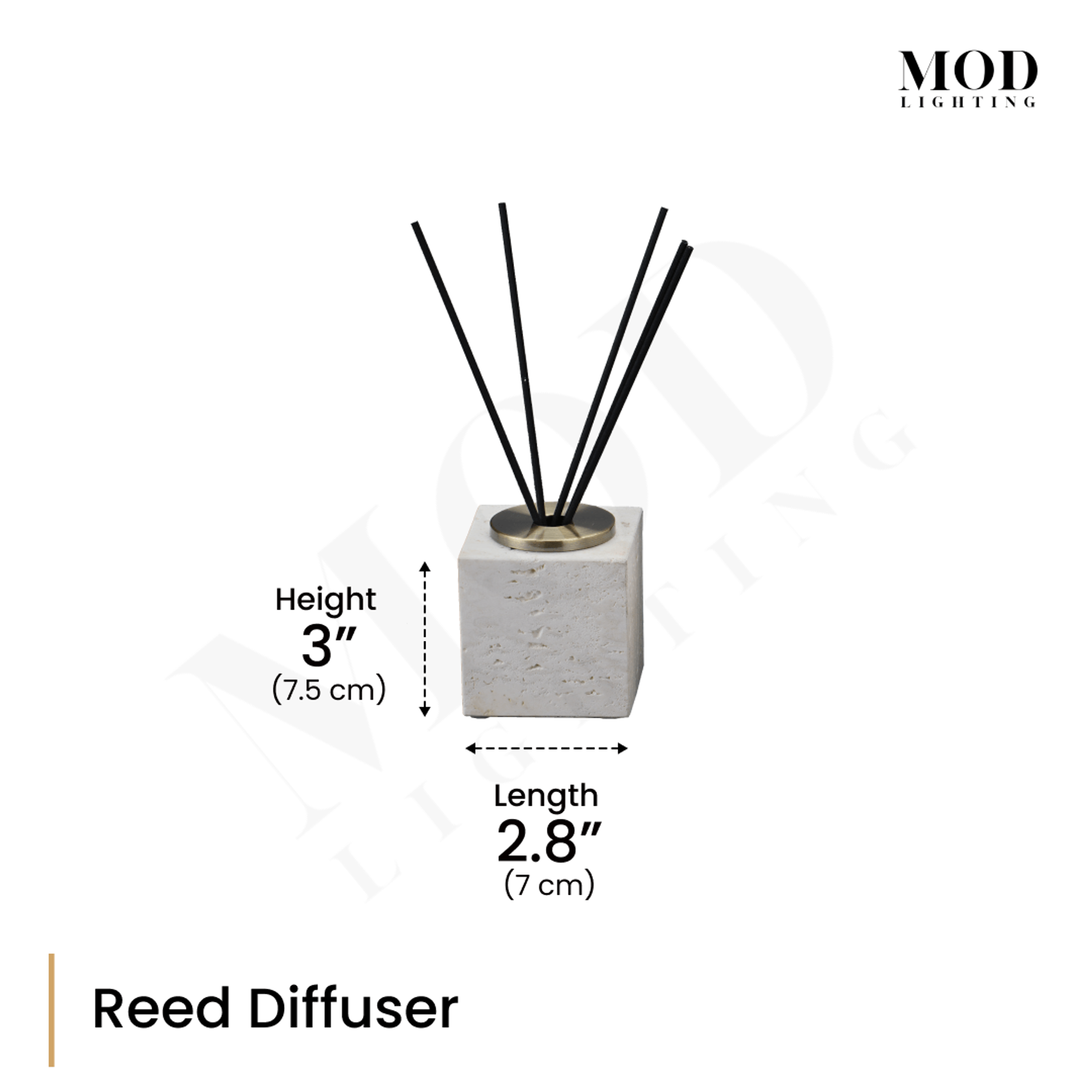 Alabaster Travertine reed diffuser, cream stone cube with black reeds and brass collar, diagram: 3 in H, 2.8 in