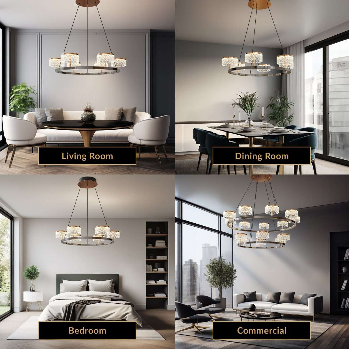 Emma gold and pearl-black crystal drum chandelier on a chrome ring, shown in living, dining, bedroom and commercial rooms