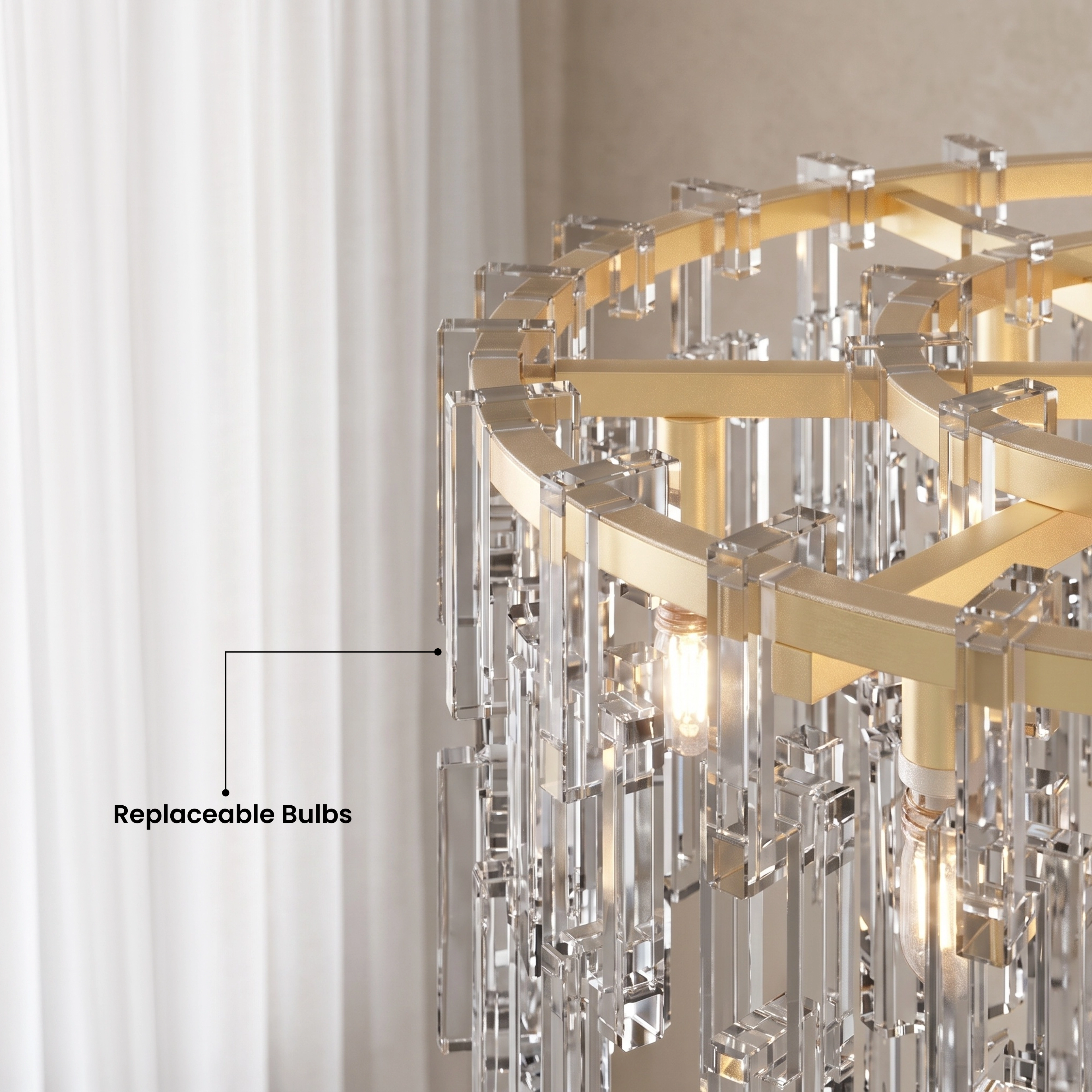 Radiance brushed-gold drum chandelier with layered clear crystal rods over a marble console, warm-white glow