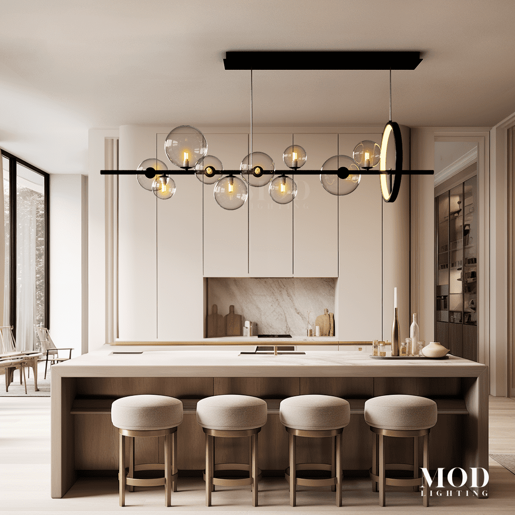 Bailey black linear chandelier, staggered smoked-glass globes on a slim bar over a kitchen island