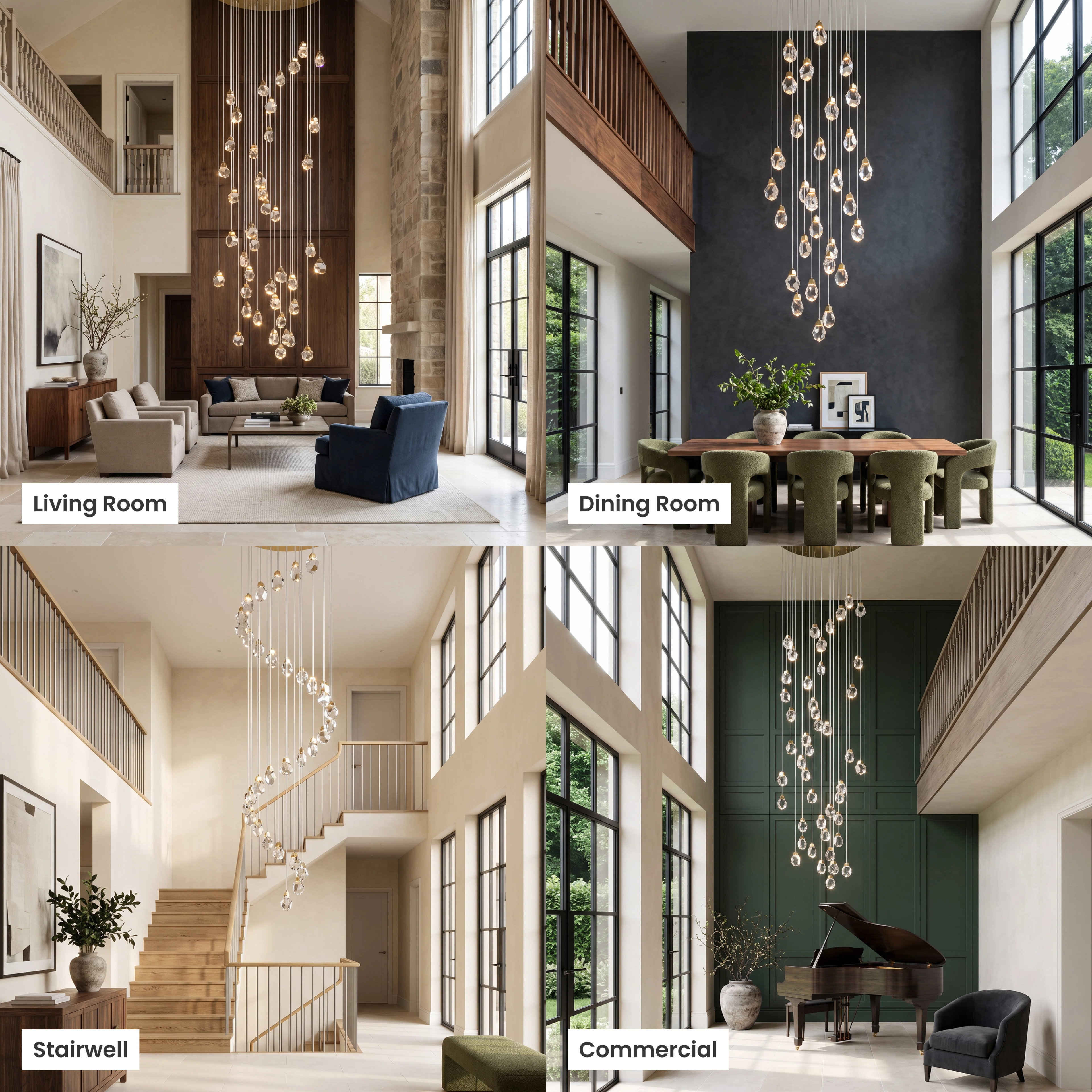 Hailstone crystal chandelier shown in living room, dining room, bedroom and commercial stairwell settings