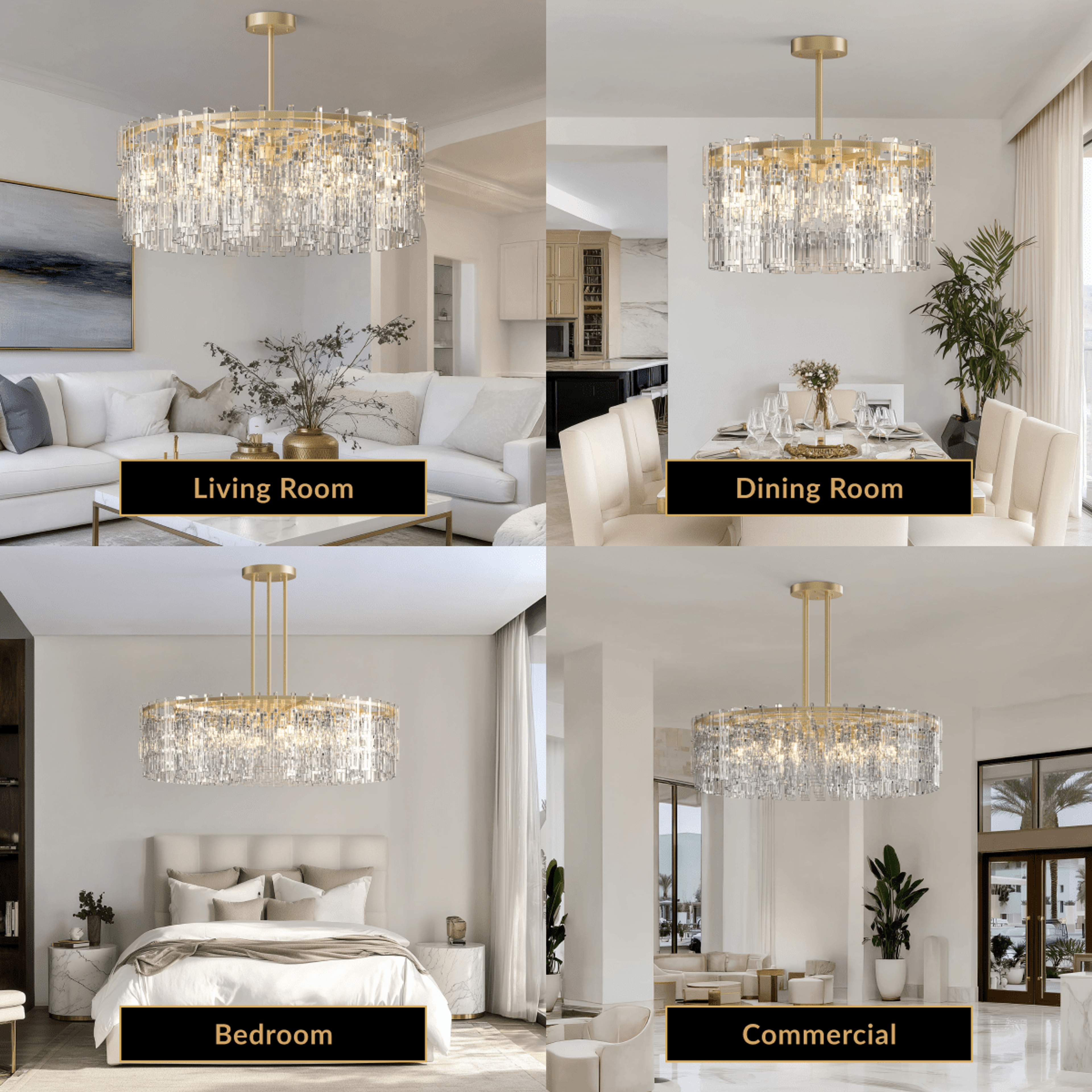 Radiance brushed-gold drum chandelier with layered clear crystal rods, in living, dining, bedroom and commercial spaces