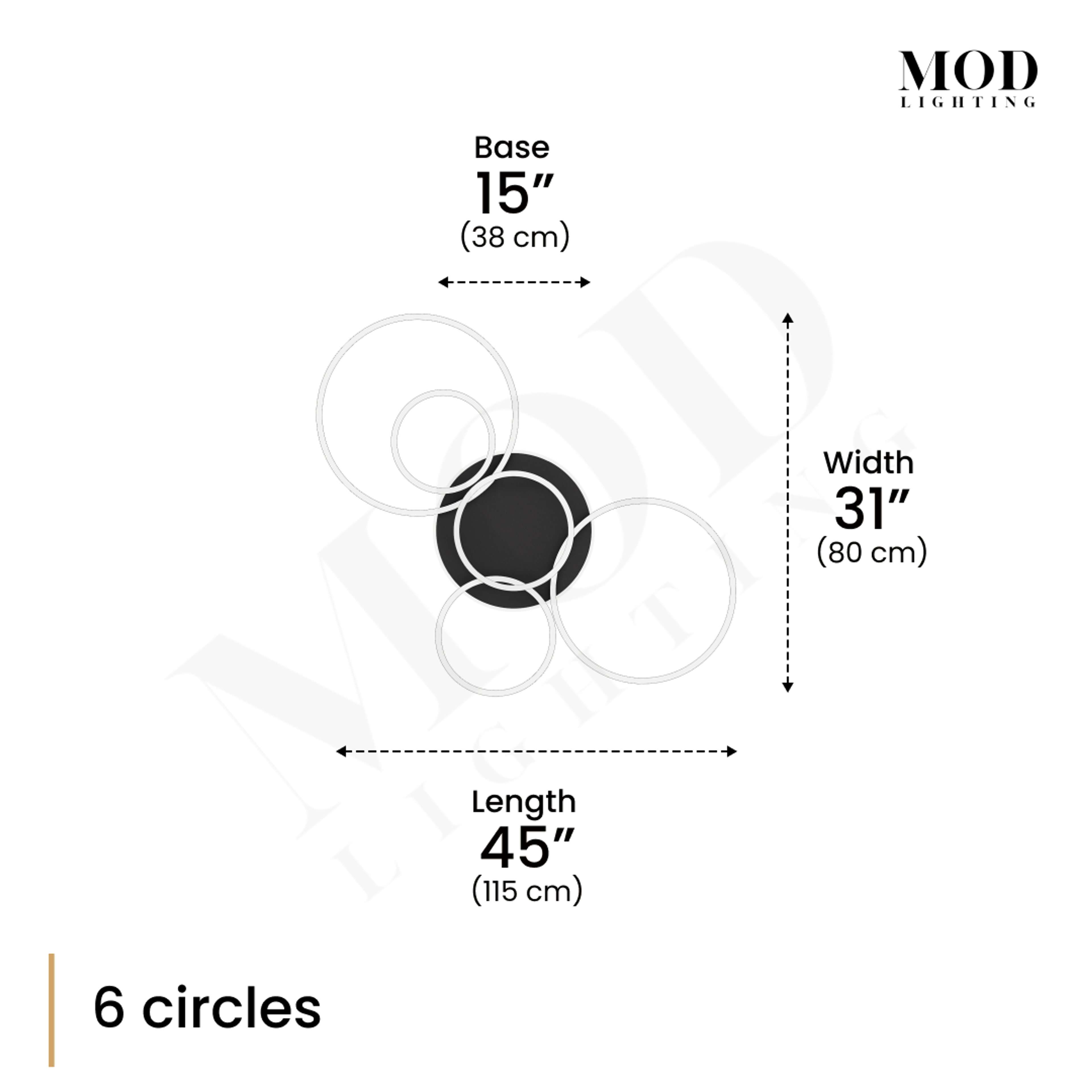 Chloe 6-circle ceiling light dimension diagram: 45 in long, 31 in wide, 15 in base