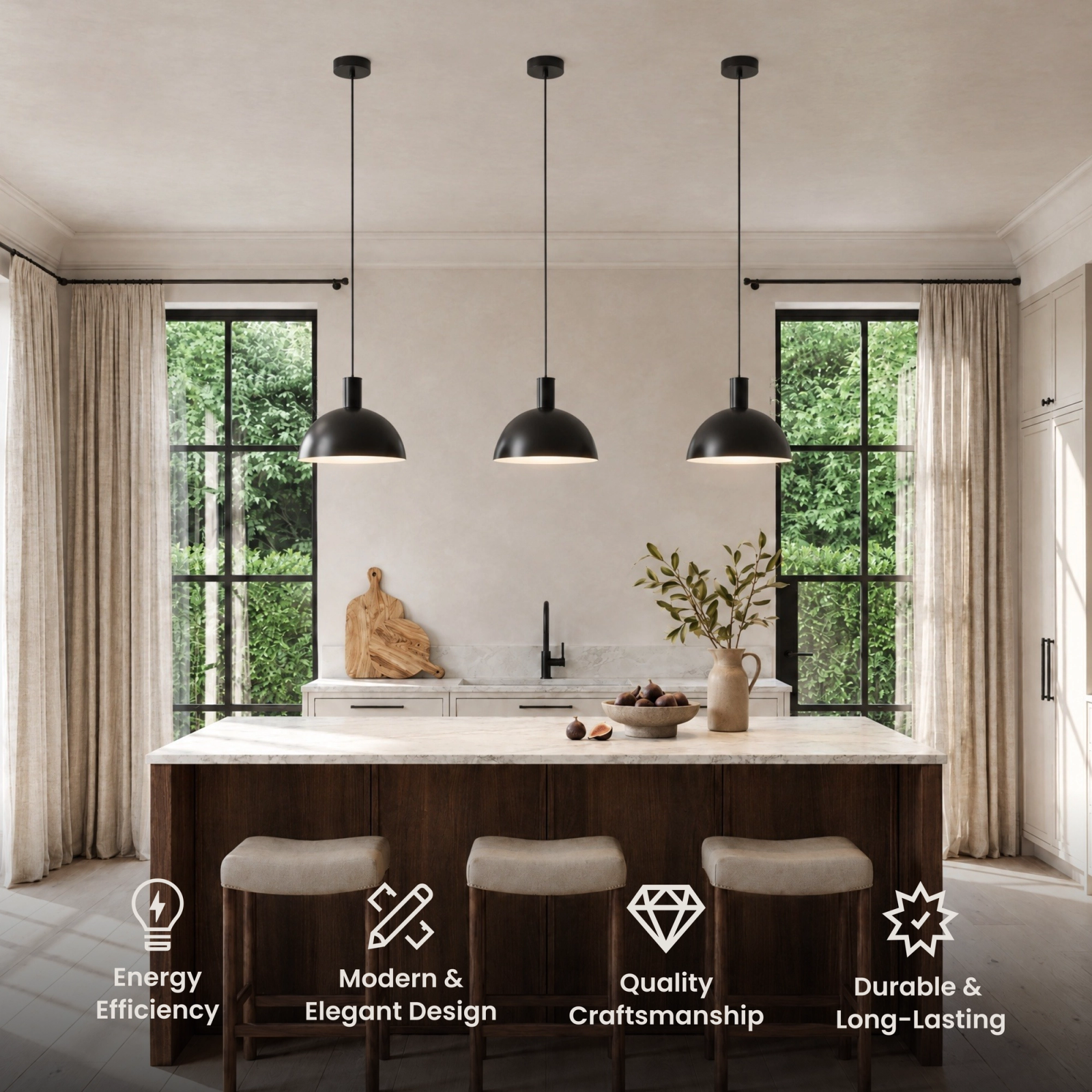 Kinsley, row of three black dome pendants over a kitchen counter