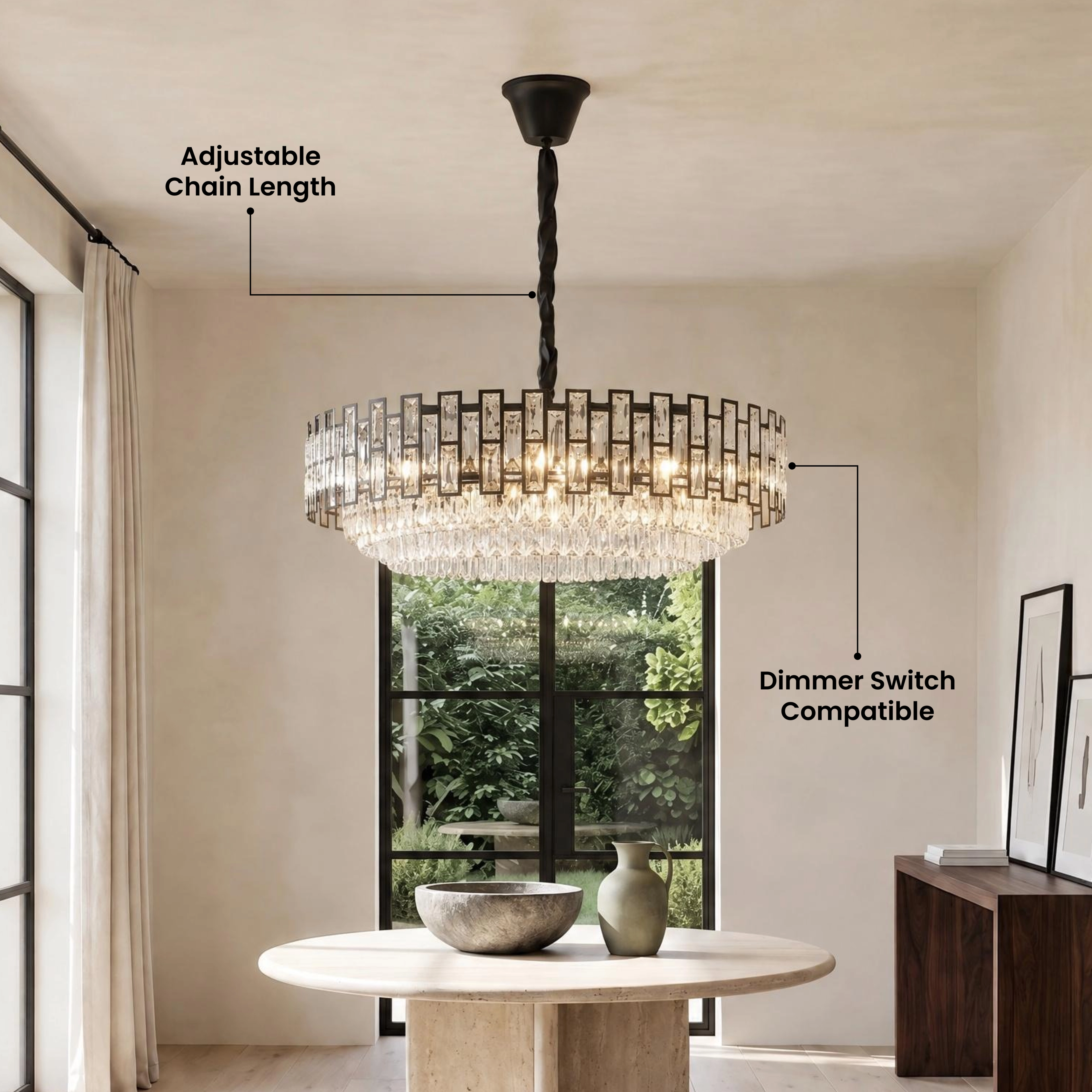 Raven black crystal chandelier lighting a living room, with a five-star customer review overlay