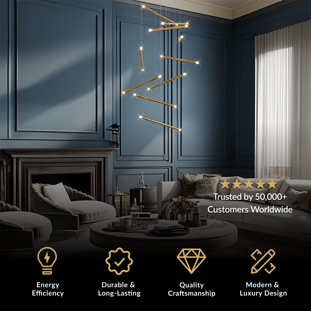 Freya gold spiral staircase chandelier with vertical LED rods in a blue paneled stairwell