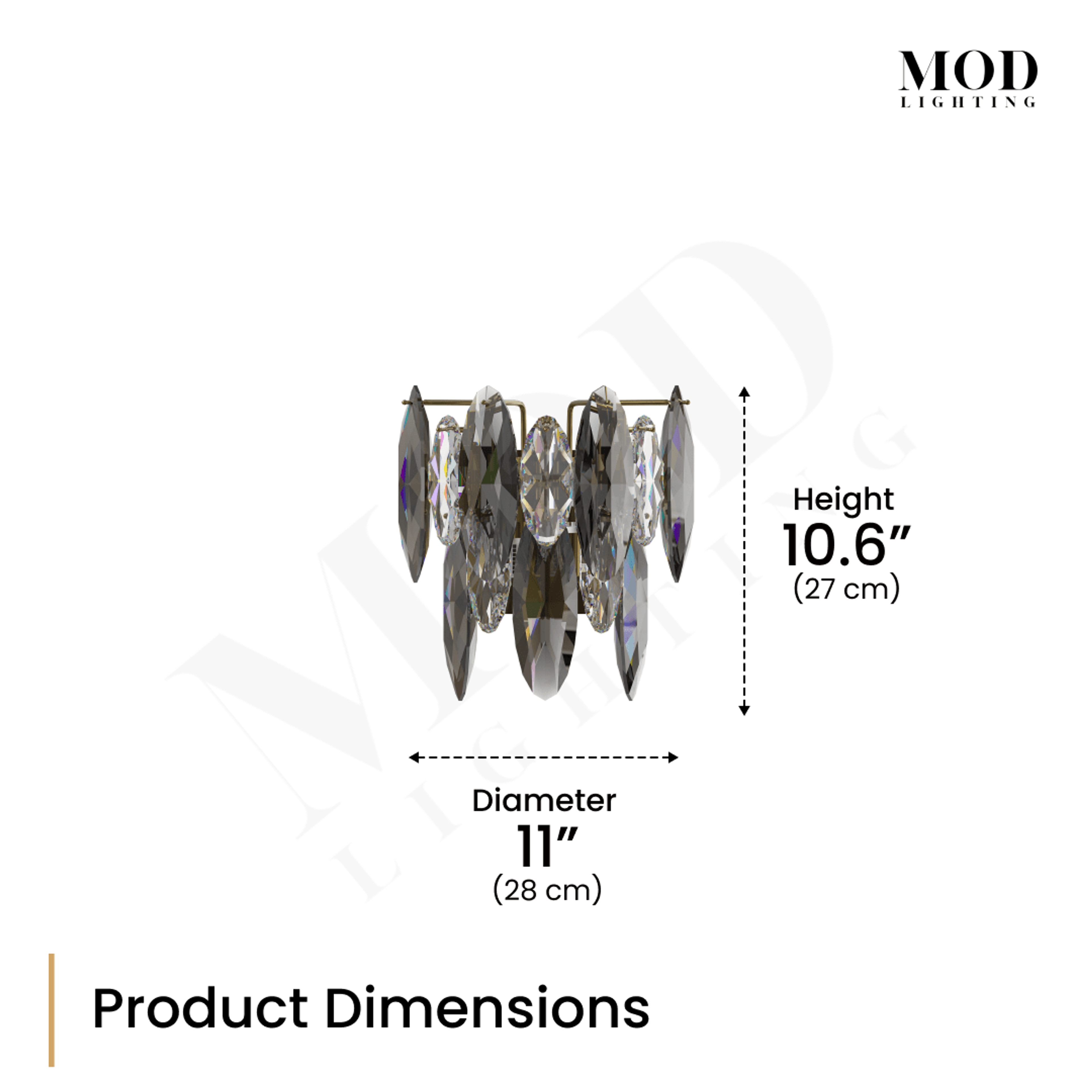 Celestial sconce dimension diagram, gold frame of pointed smoke crystals; 11in wide, 10.6in tall