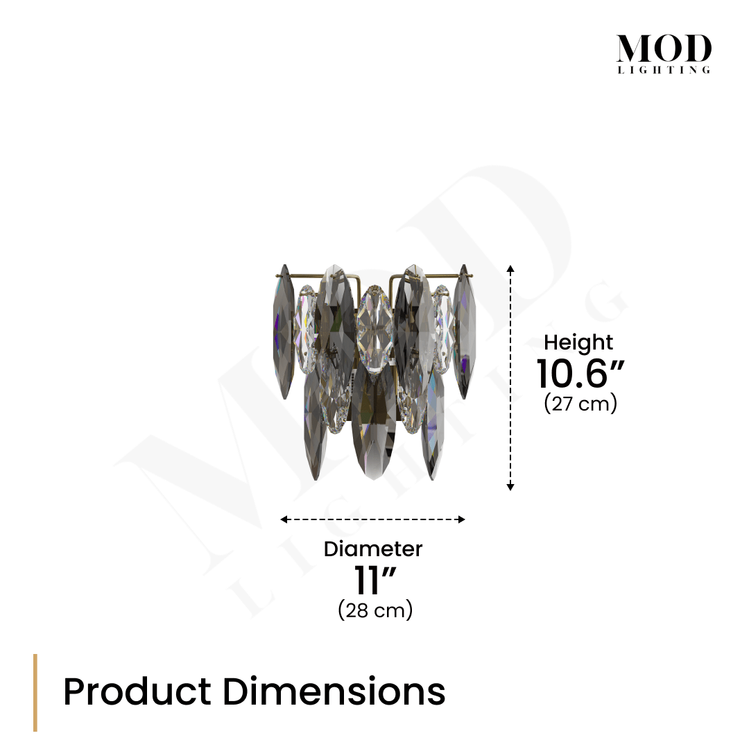 Celestial sconce dimension diagram, gold frame of pointed smoke crystals; 11in wide, 10.6in tall