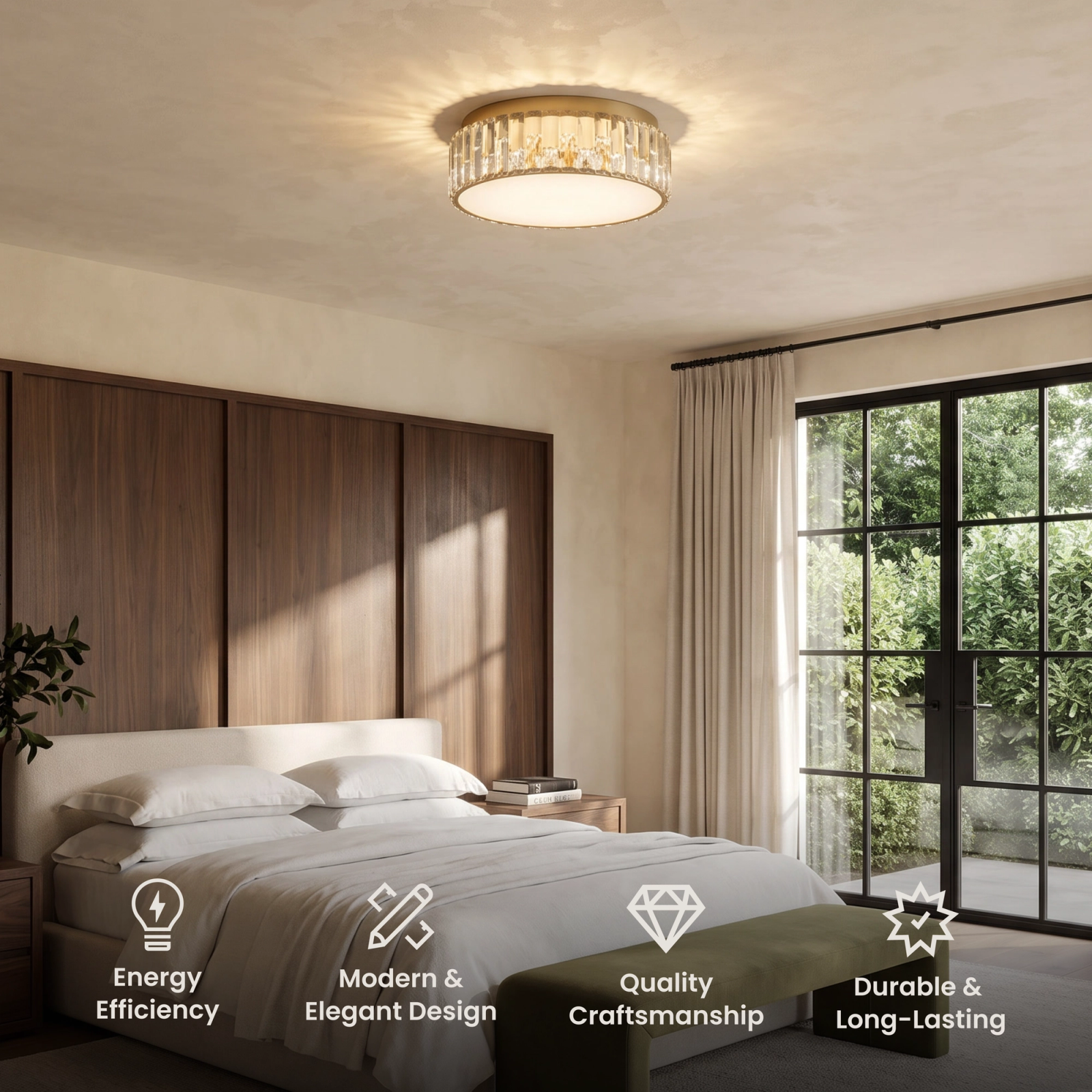 Elara Smart brushed gold crystal flush mount ceiling light in a bedroom, with feature icons