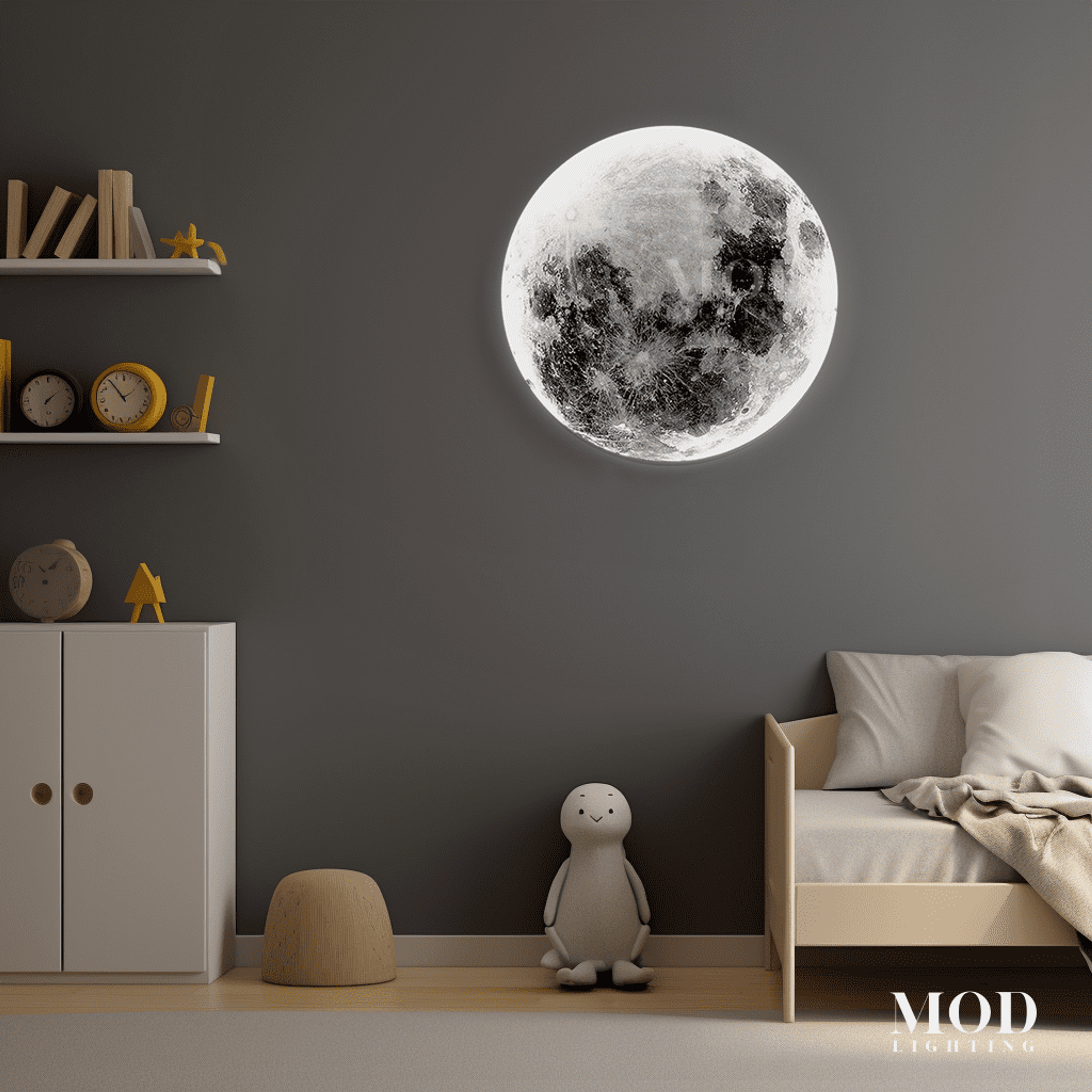 Luna moon wall light, round textured lunar face, glowing in a child's bedroom