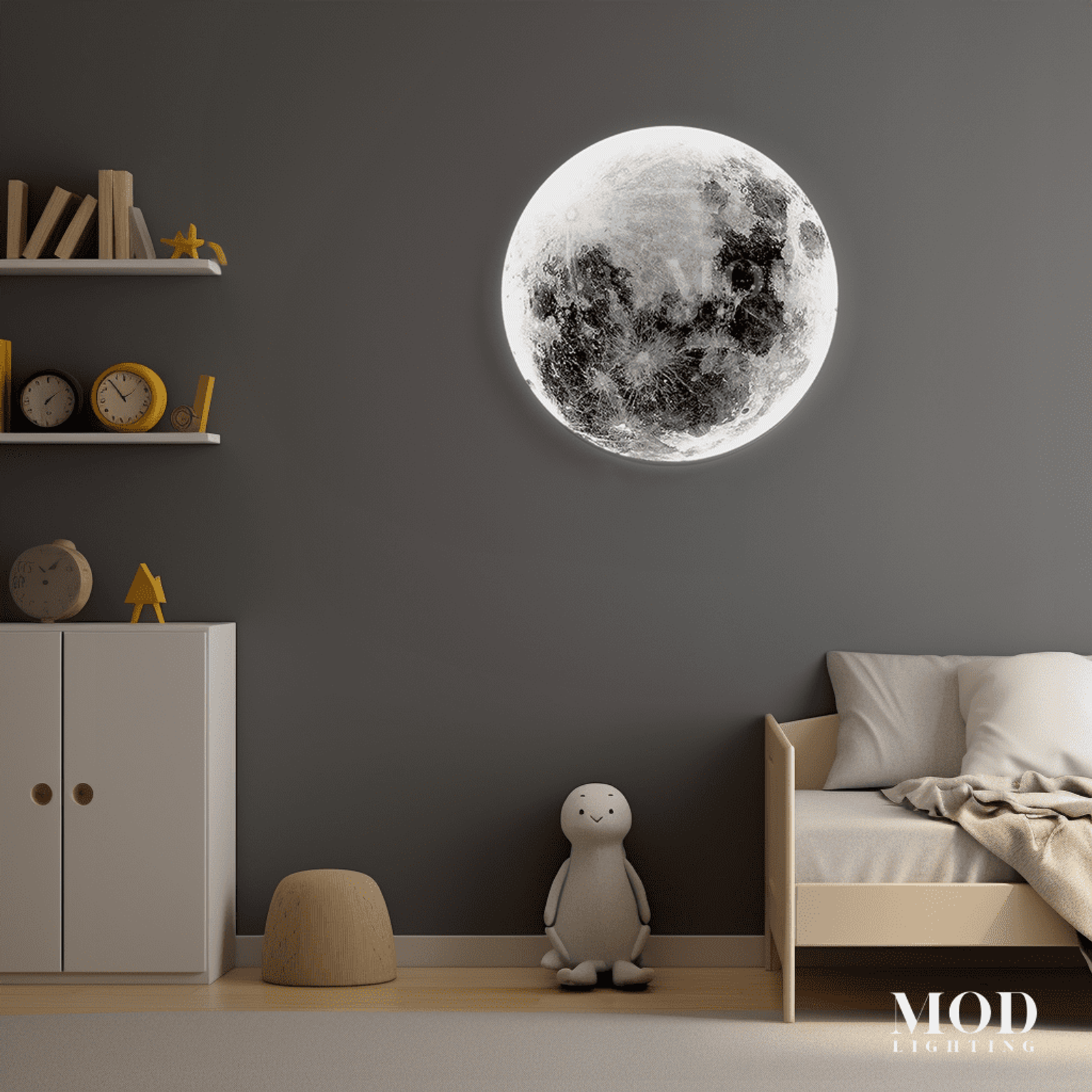 Luna moon wall light, round textured lunar face, glowing in a child's bedroom
