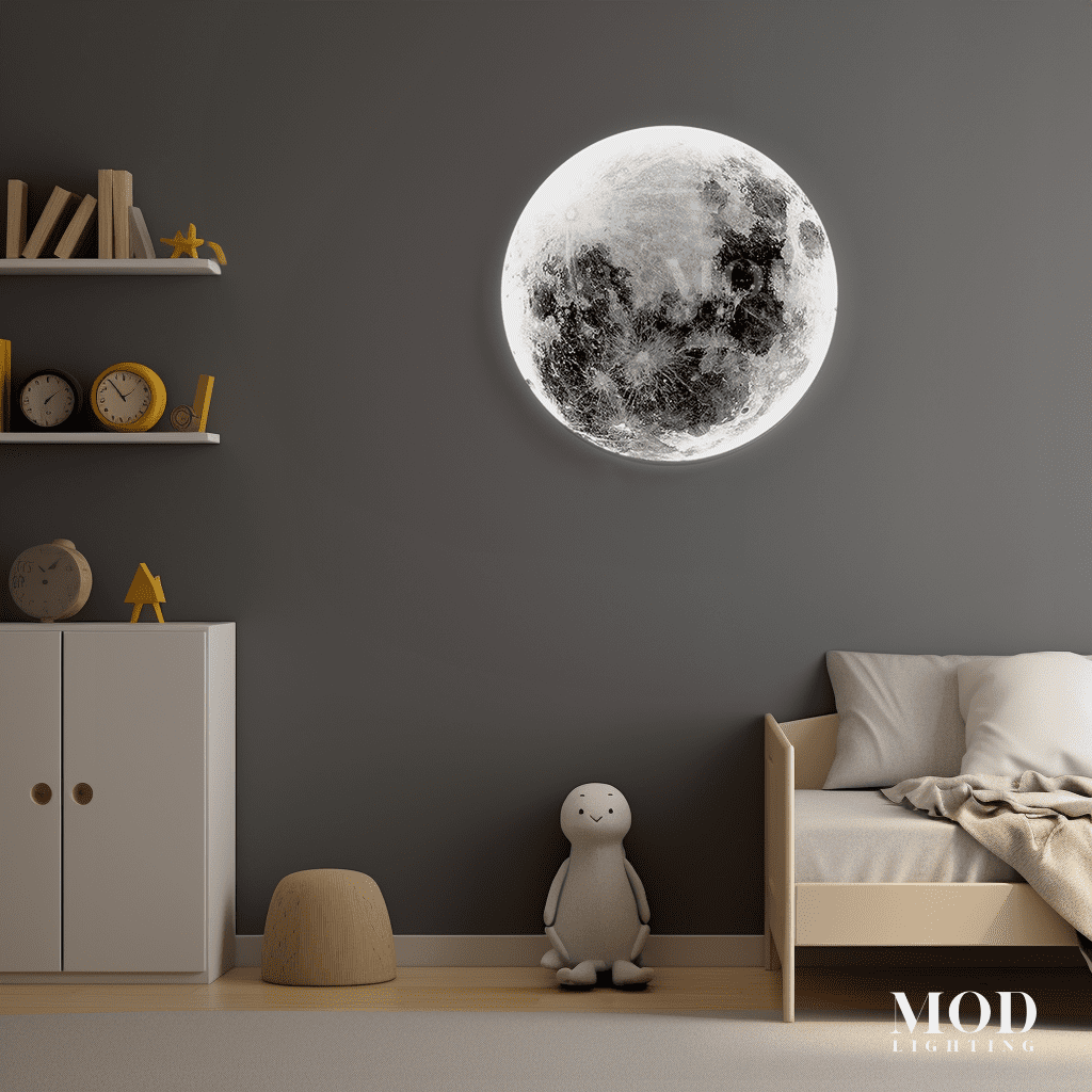 Luna moon wall light, round textured lunar face, glowing in a child's bedroom