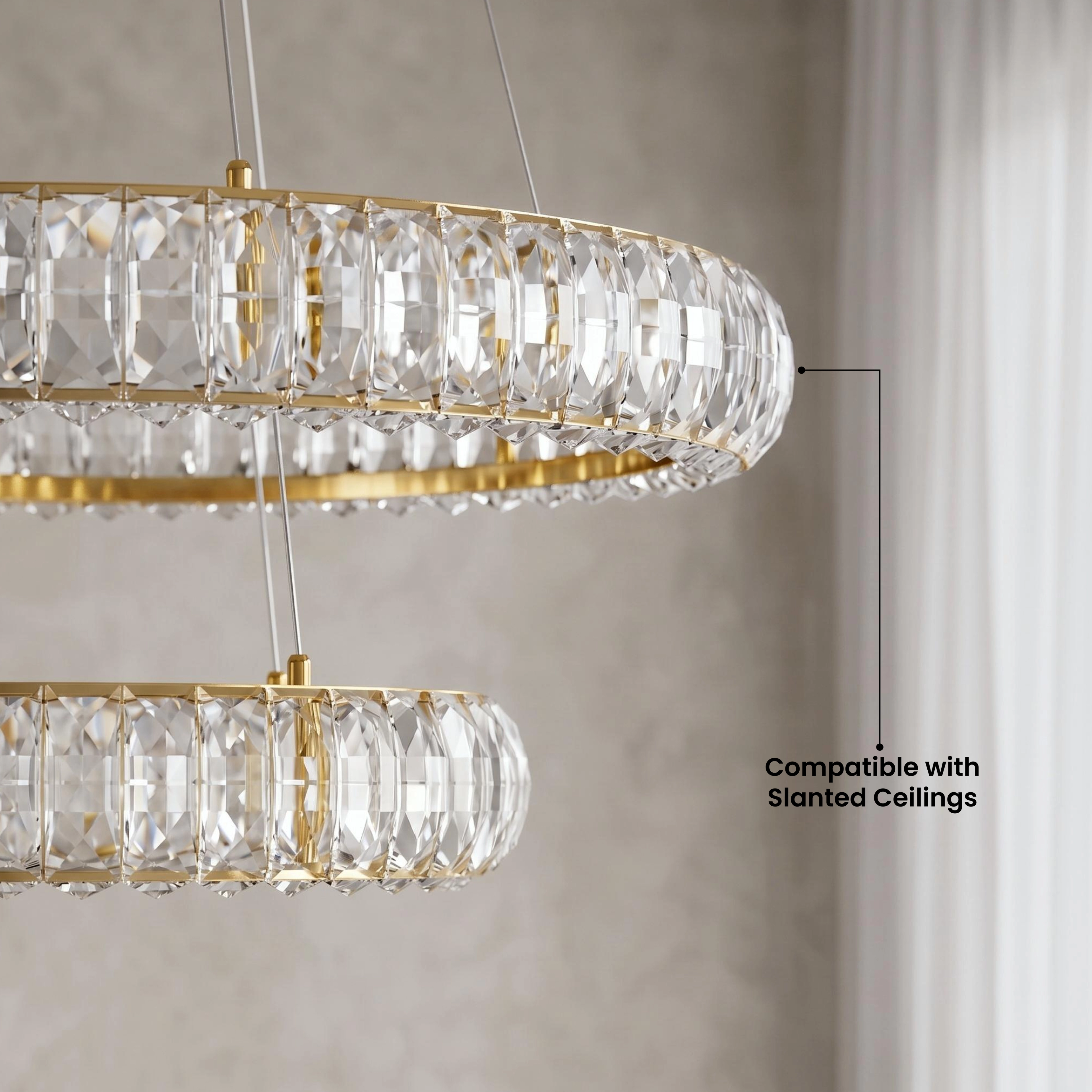 Janice crystal ring chandelier in warm white 3000K over a bedroom, captioned unparalleled craftsmanship