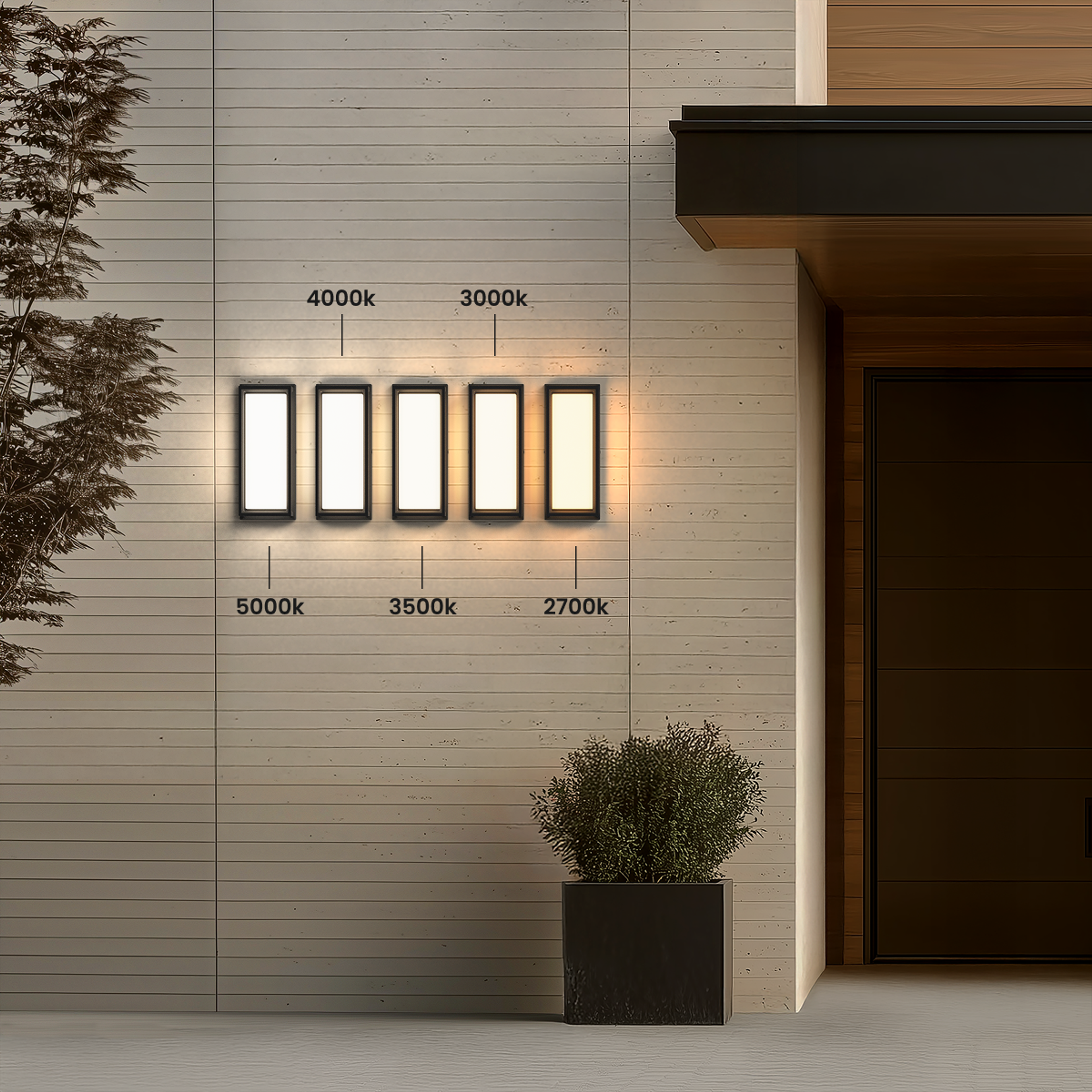 Row of five Hollis black square outdoor sconces on a wall showing color temperatures from 2700K to 5000K