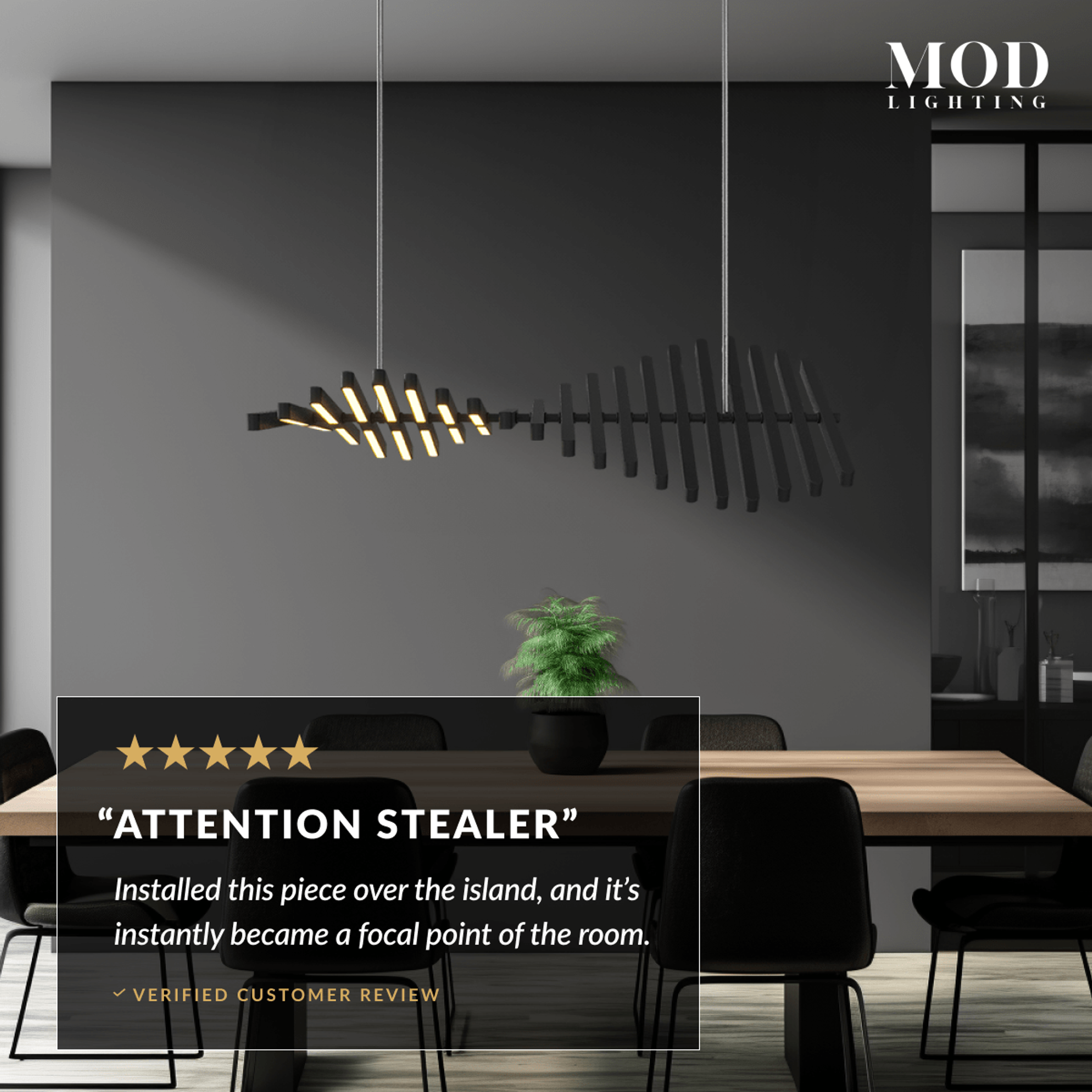 Sylas pendant, black light-bar spindle form suspended over a kitchen island