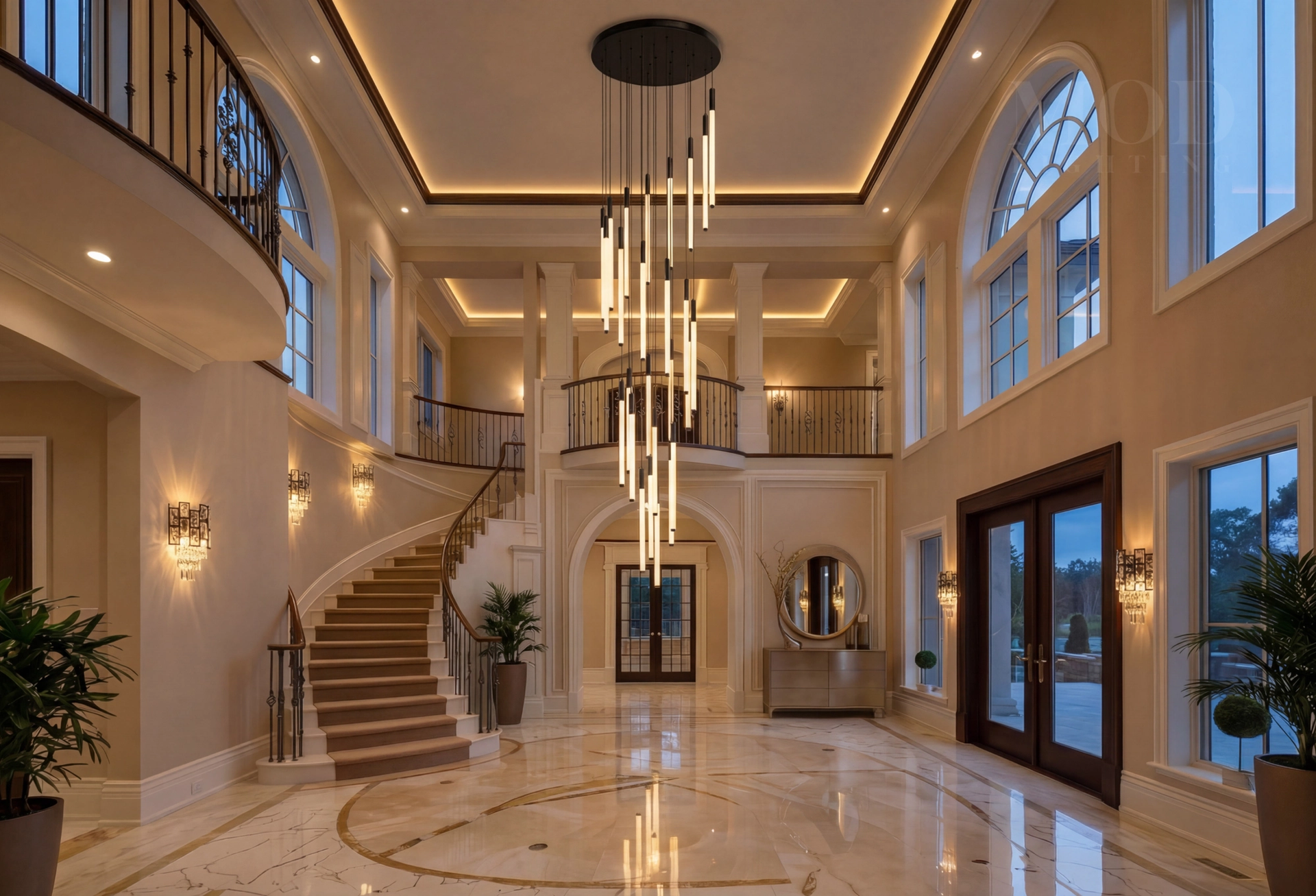 Organic sculptural chandelier in a grand entryway, warm gold tones