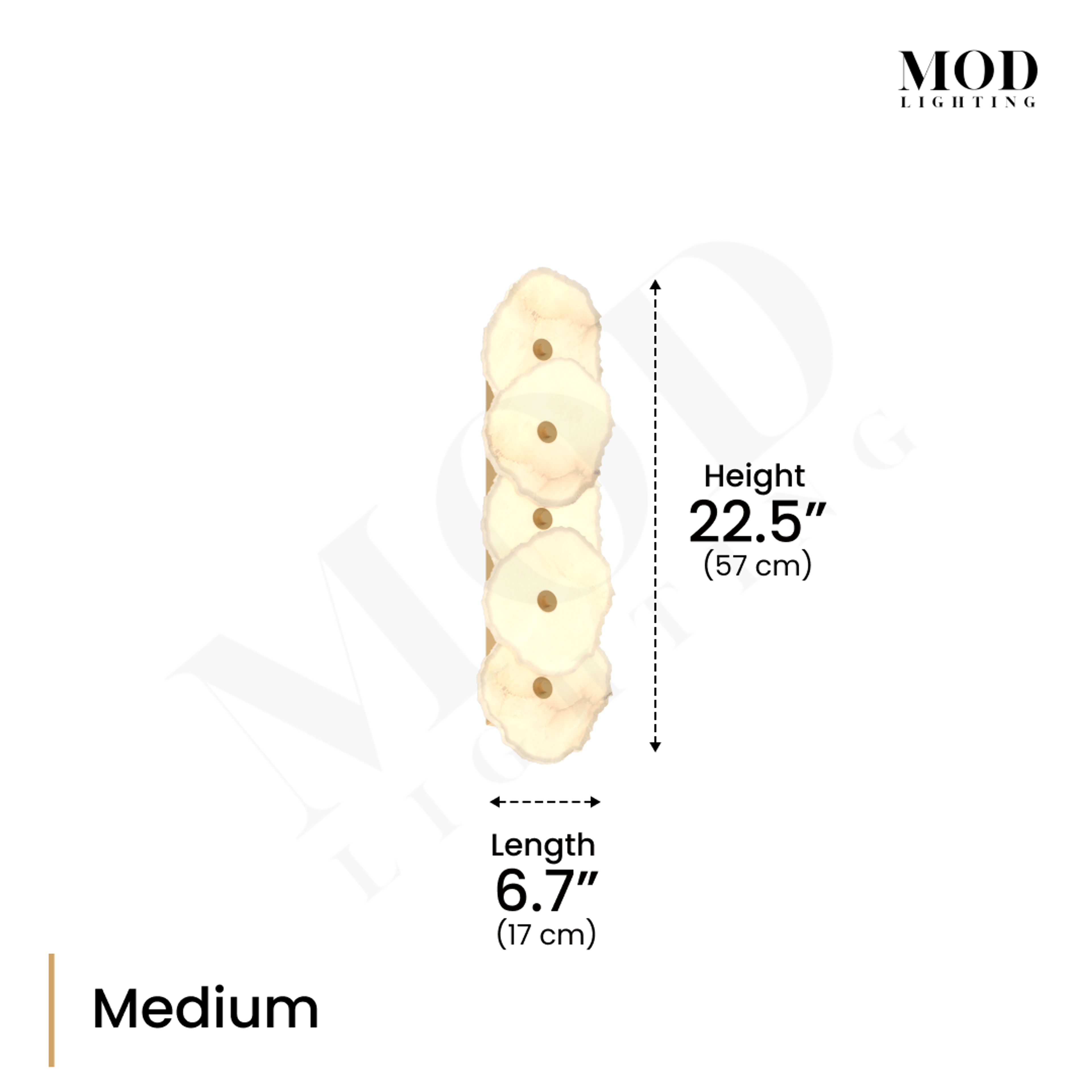 Alba Sconce dimension diagram, Medium: five alabaster discs, 22.5 in height, 6.7 in length