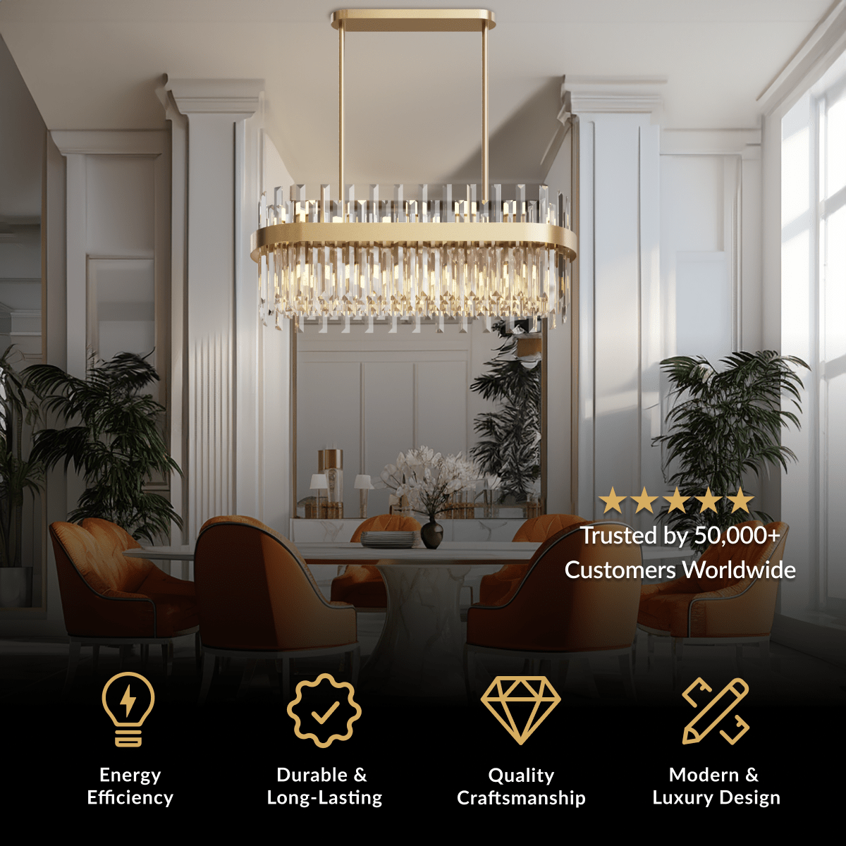 Topaz linear crystal pendant, gold frame with clear rectangular crystals, over a dining table with mirror
