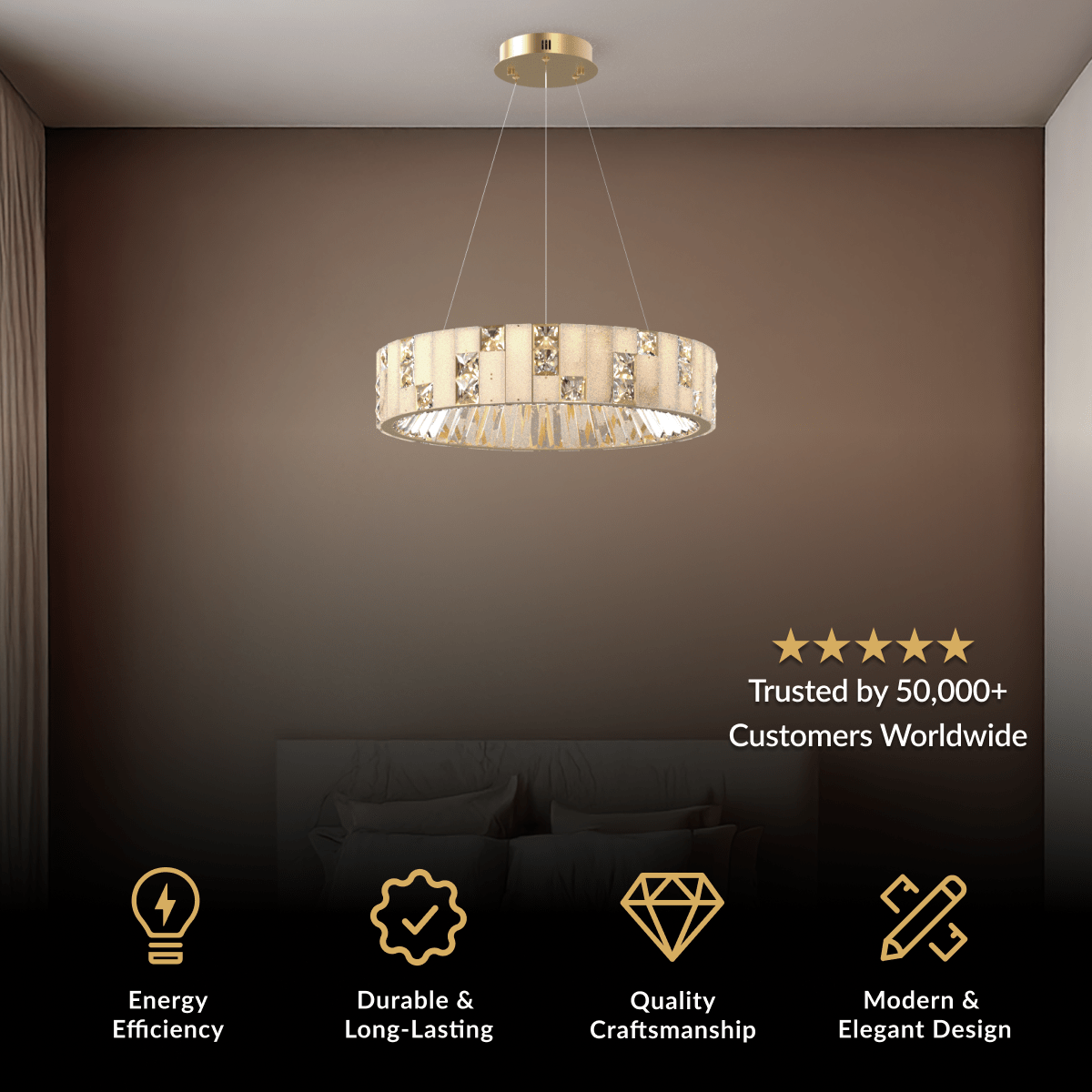 Seraphine chandelier, drum of layered alabaster and brushed gold rings suspended over a living space