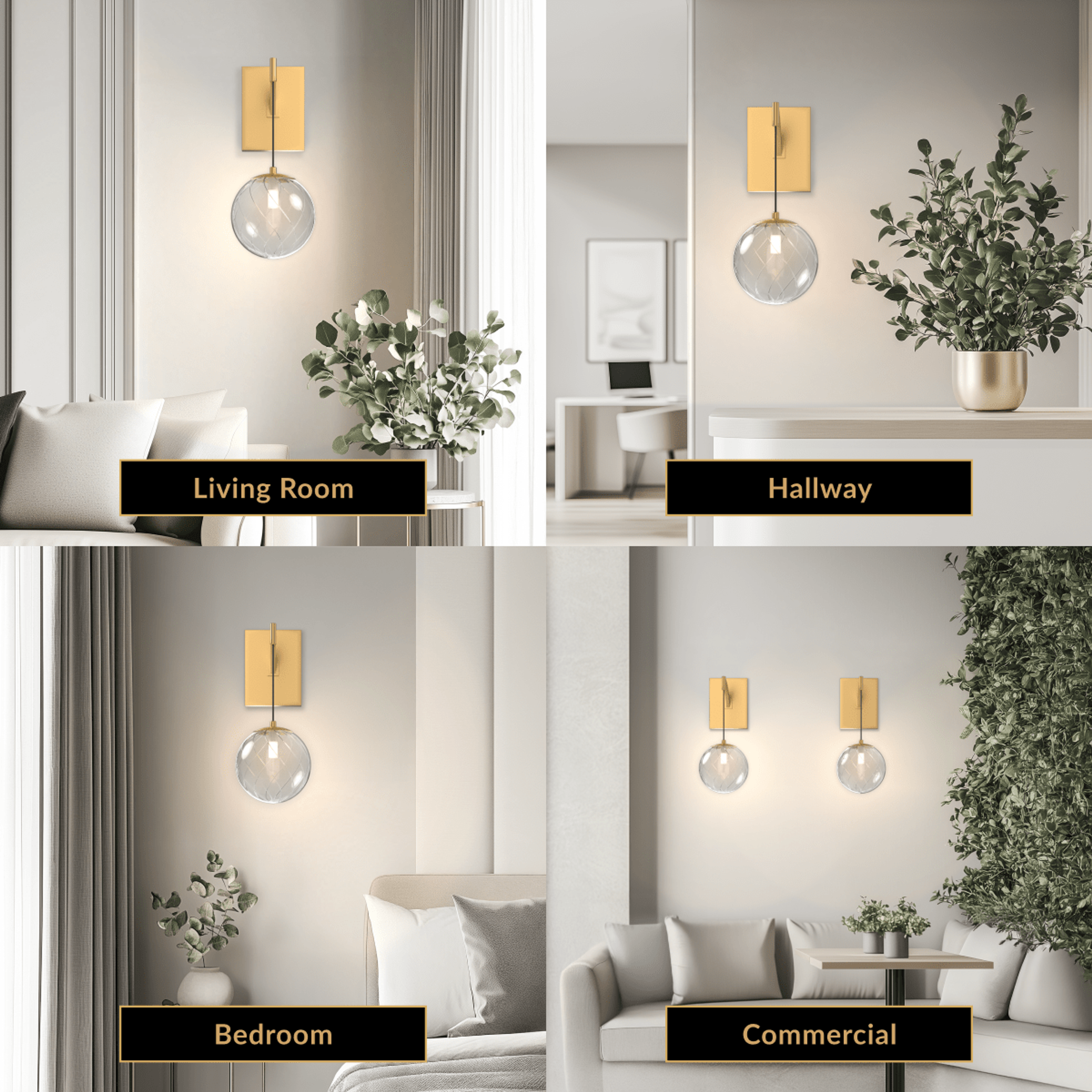 Mirella Sconce, brushed-gold arm with clear glass globe, shown in living room, hallway, bedroom and commercial settings