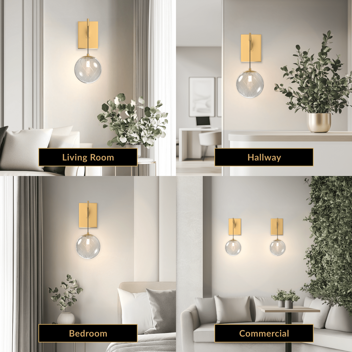Mirella Sconce, brushed-gold arm with clear glass globe, shown in living room, hallway, bedroom and commercial settings