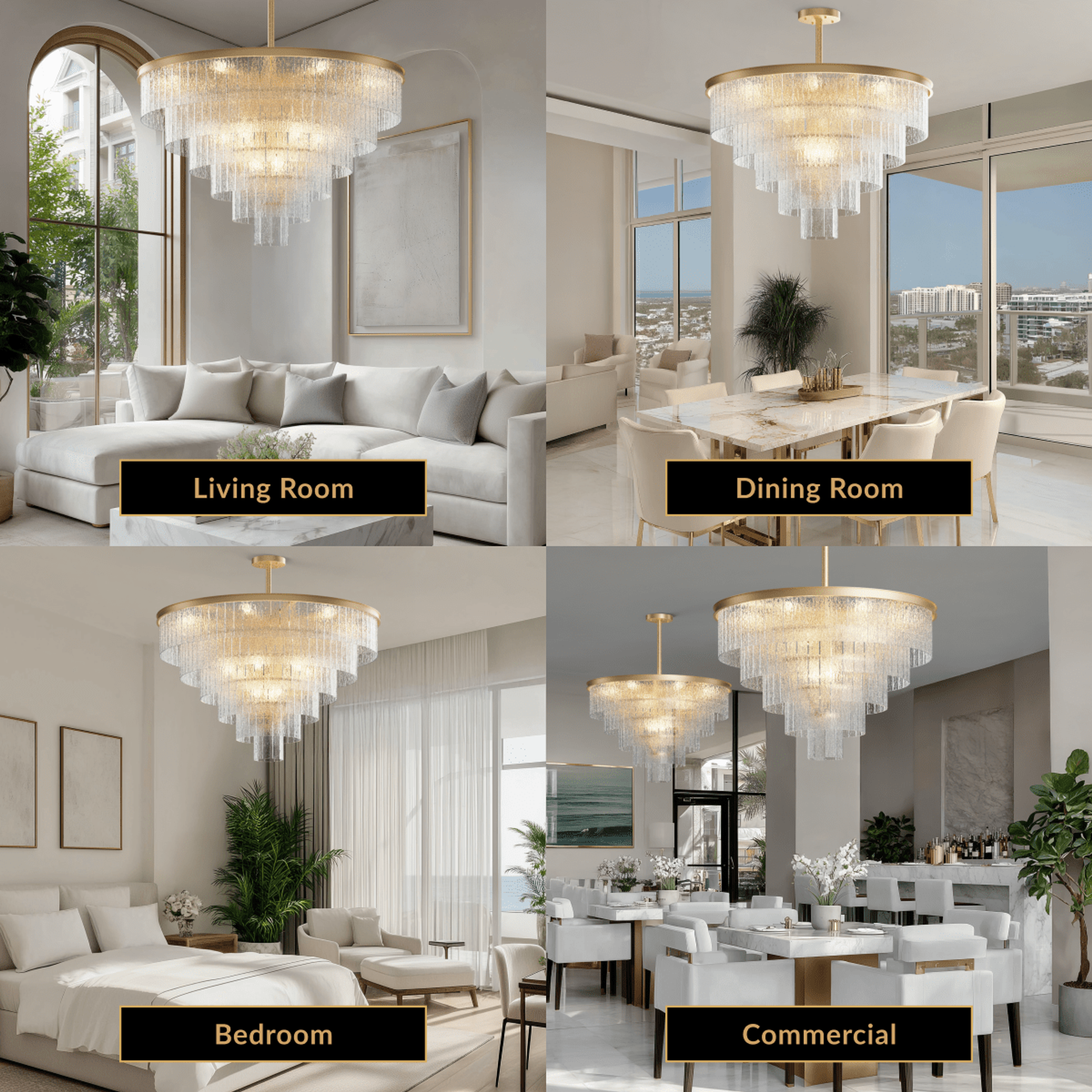 Cascade brass chandelier with tiered textured-glass fringe, shown in living room, dining room, bedroom and commercial spaces