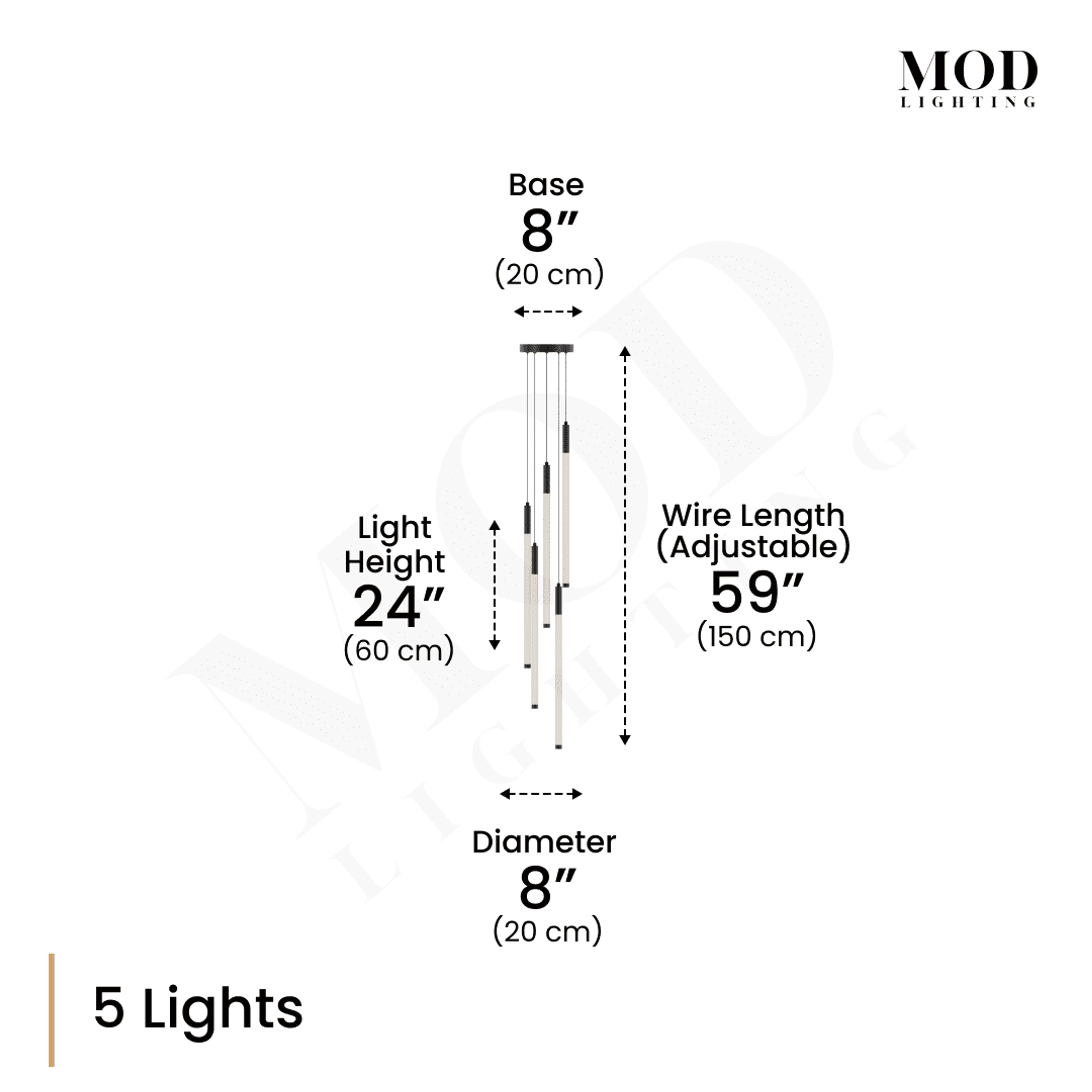Kasper 5-light dimension diagram: black cascading rods, 24-inch light height, adjustable 59-inch wire