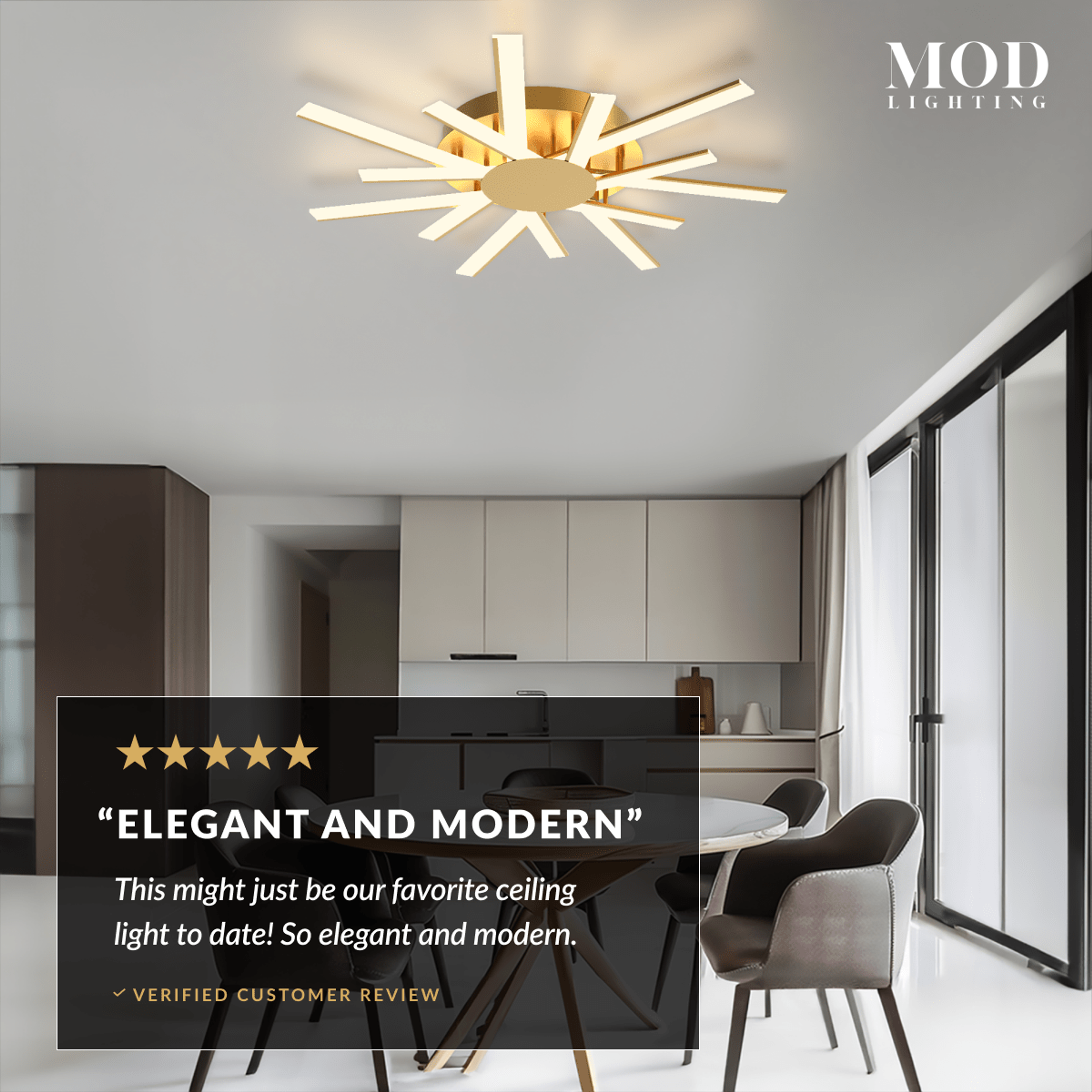 Sparkle ceiling light, gold sunburst LED fixture on ceiling above a dining nook