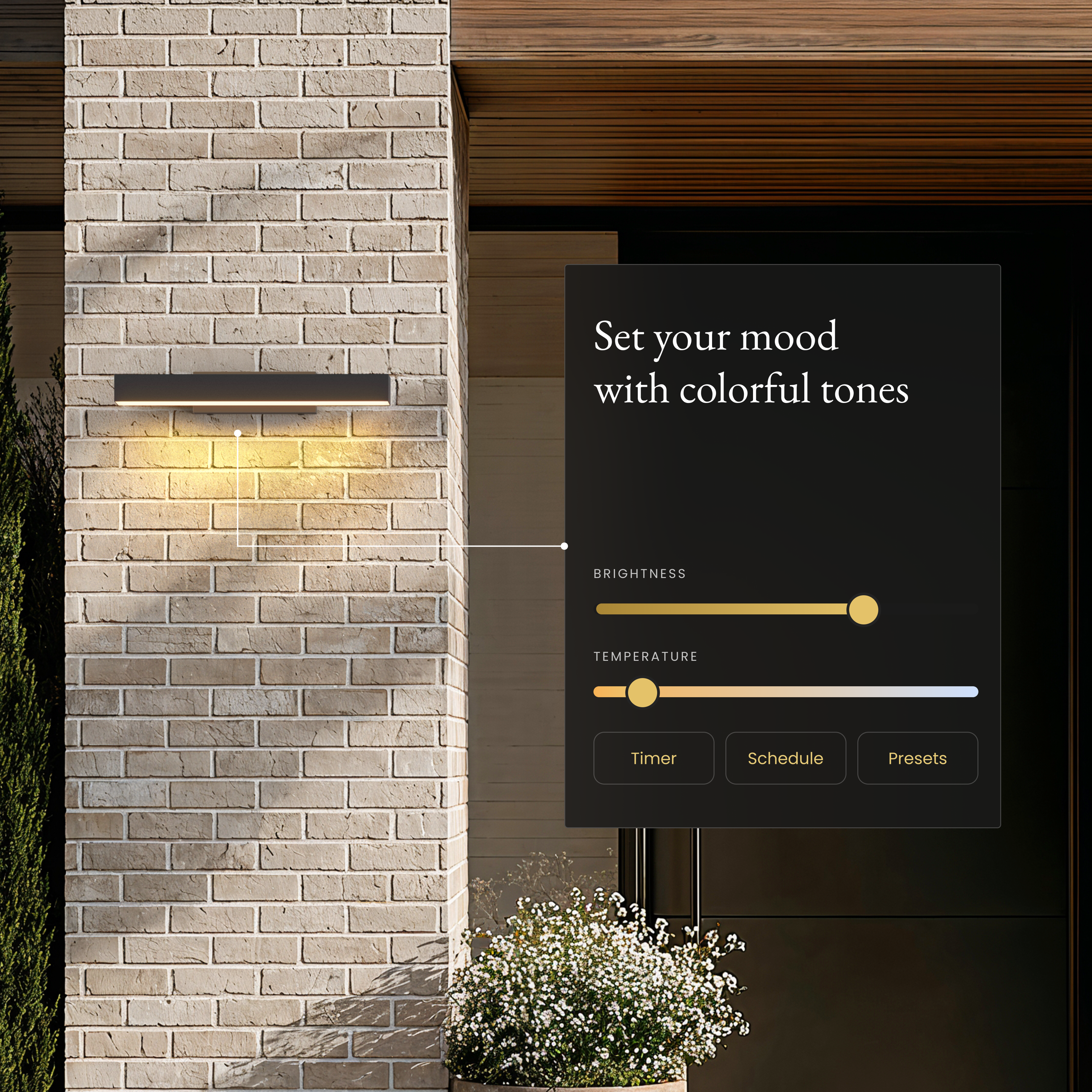 Brook Smart black horizontal sconce on a brick pillar beside an app panel for brightness and color temperature