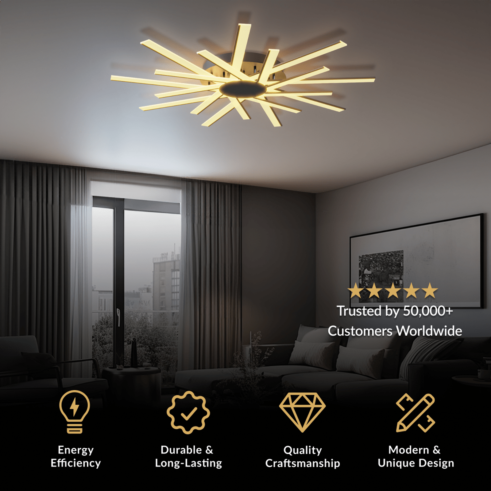 Sparkle ceiling light, gold sunburst of warm LED bars radiating from a black hub, flush-mounted over a living room